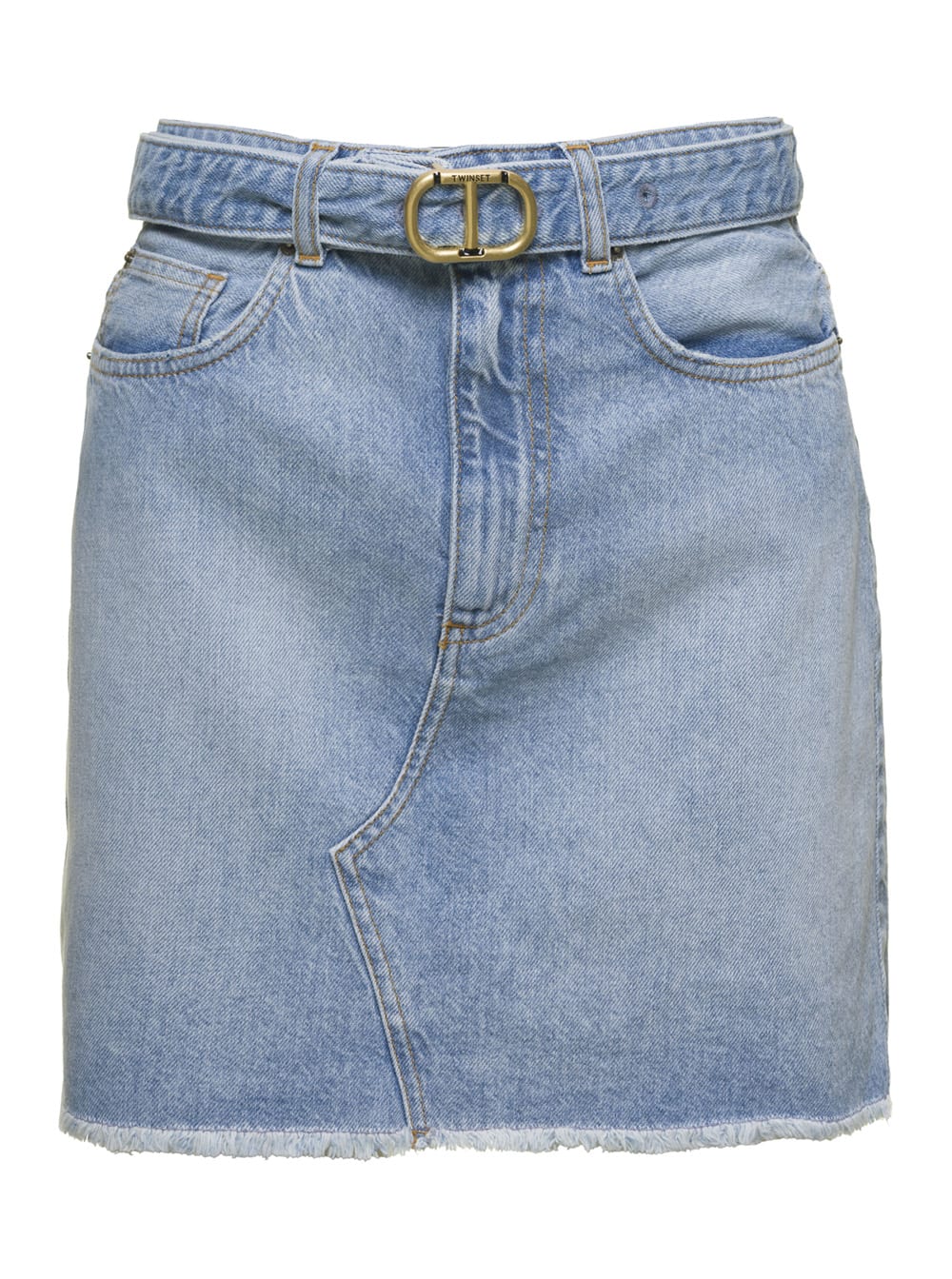 Light Blue Mini Skirt With Belt With Logo In Denim Woman