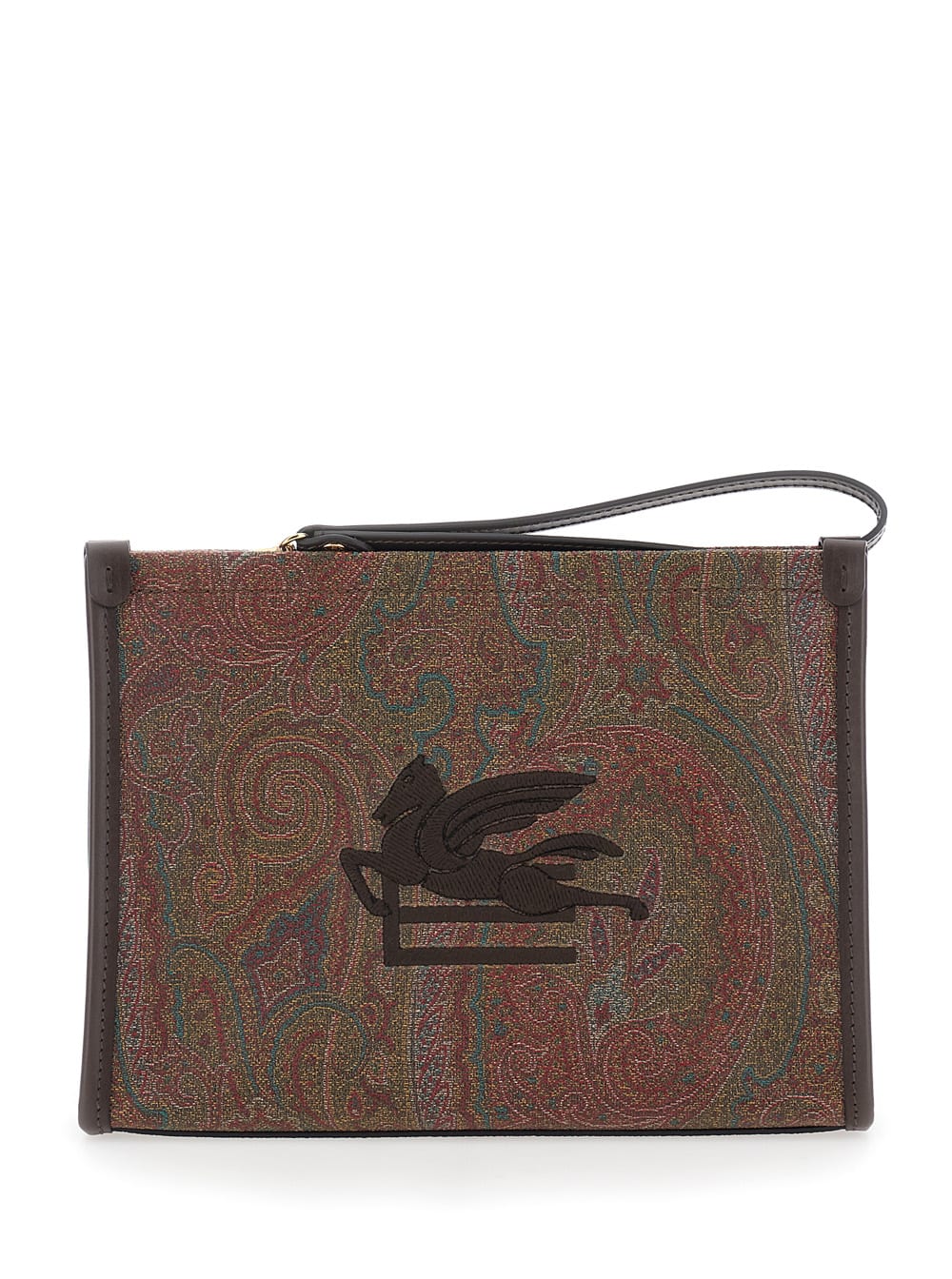 Etro Arnica Brown Clutch With Embroidered Logo On The Front And All-over Motif In Cotton Blend Woman