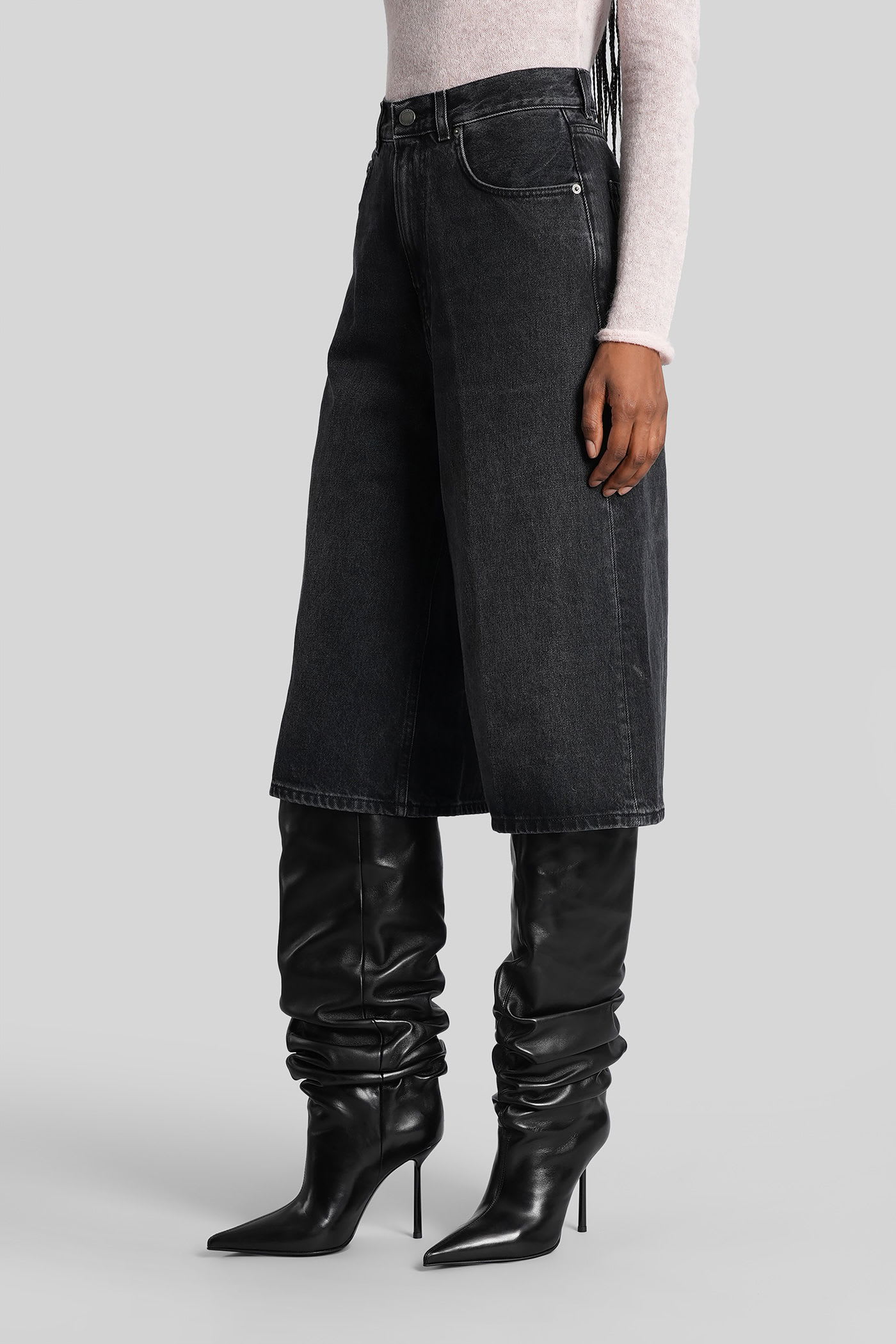 Haikure Wide Leg Denim Bermuda With Belt Loops In Black