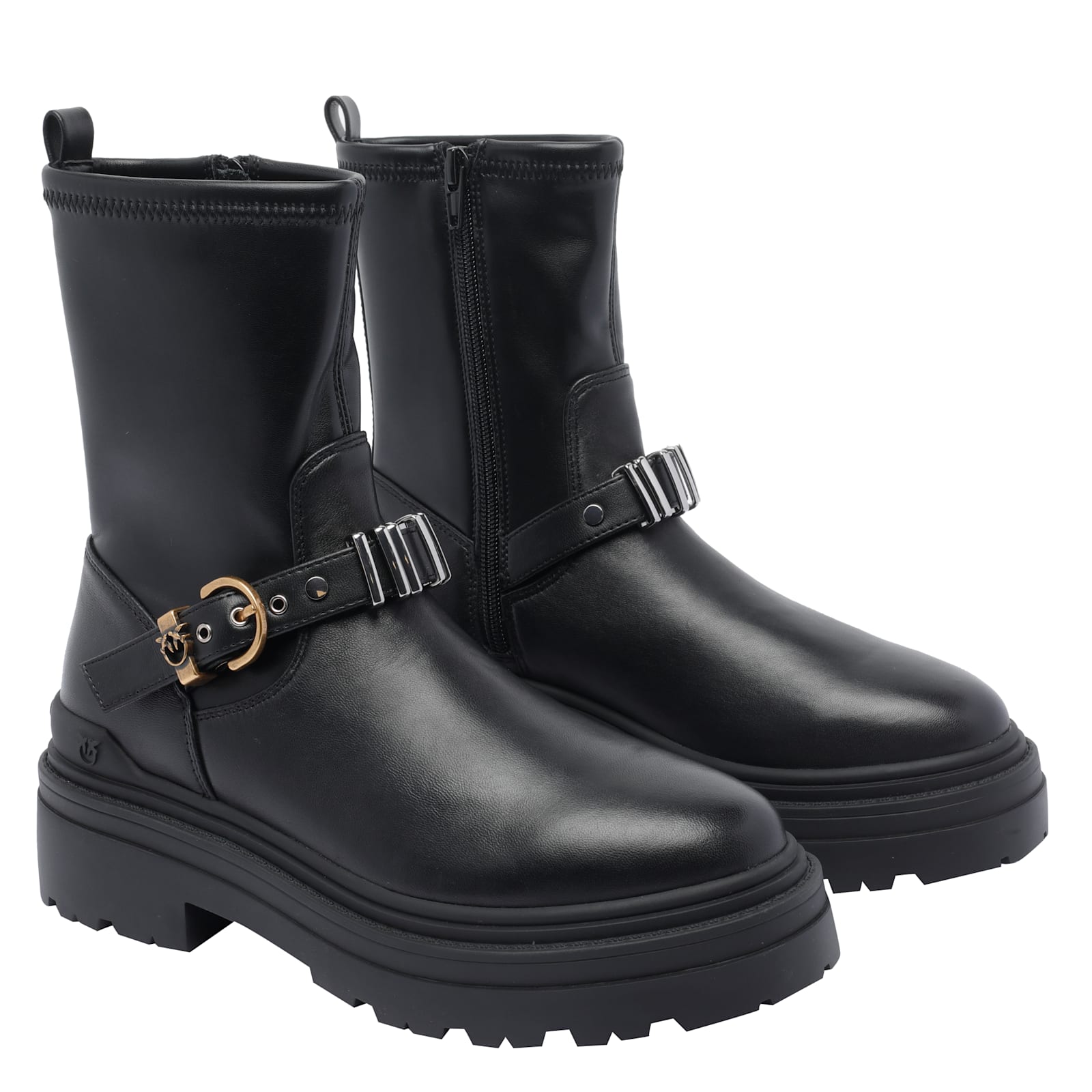 Pinko Rounded Toe Black Leather Ankle Boots With Front Strap In Black