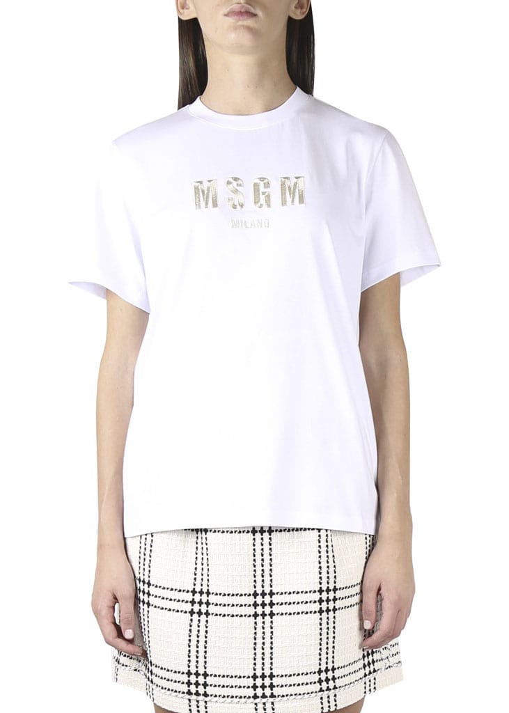 MSGM WHITE T-SHIRT WITH MSGM MILANO LOGO EMBROIDERY