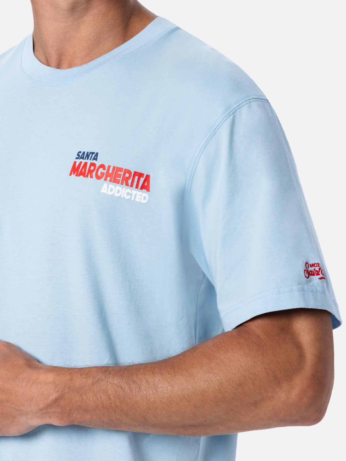 Mc2 Saint Barth Man Cotton T-shirt With Santa Margherita Addicted Postcard Placed Print In Sky