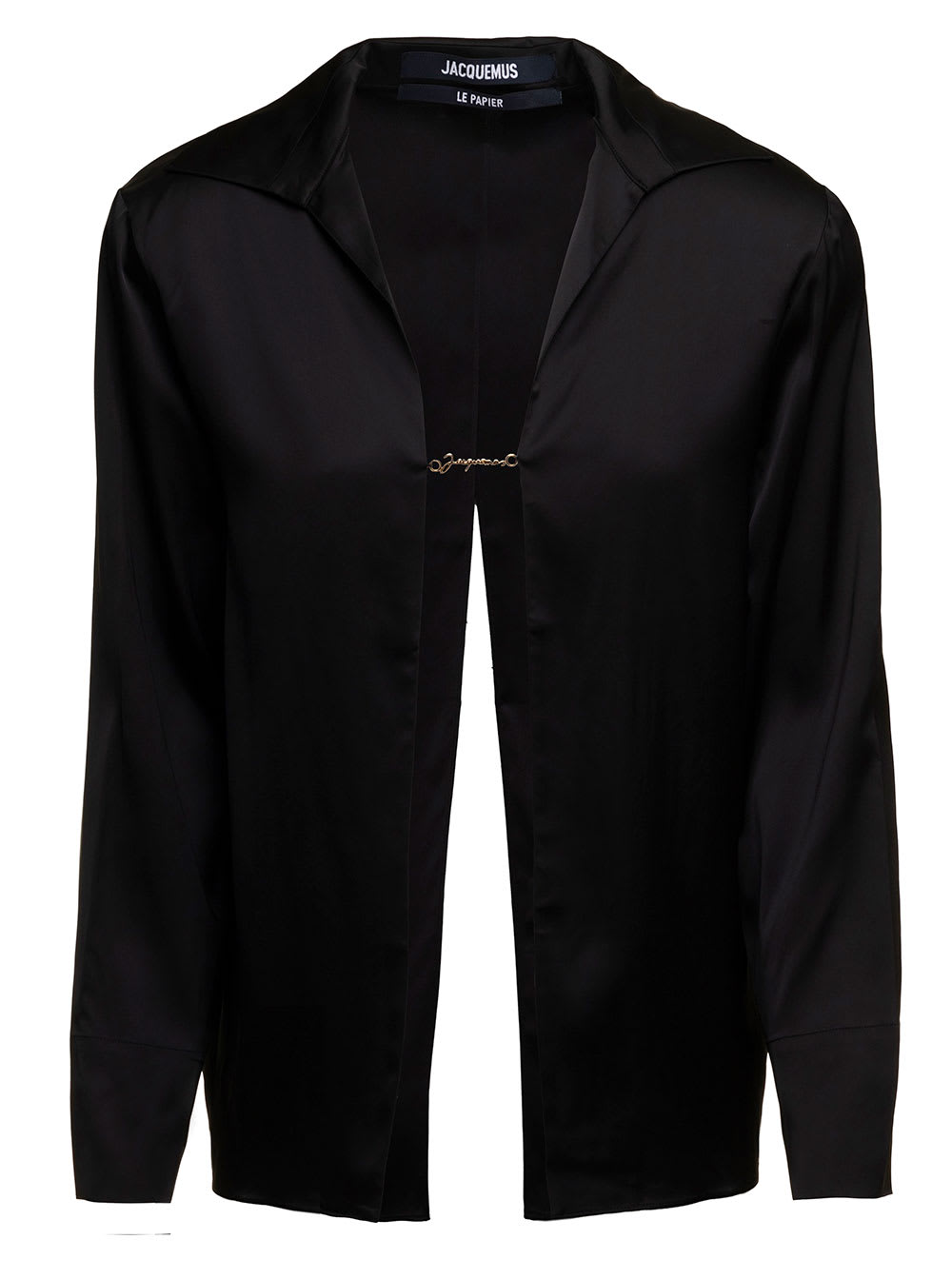 Shop Jacquemus La Chemise Notte Black Satin Shirt With Logo Charm And Open Back Woman