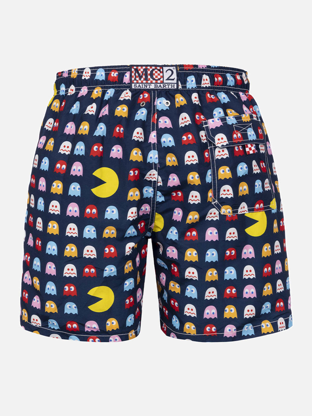 Shop Mc2 Saint Barth Man Mid-length Gustavia Swim-shorts With Pac-man Print Pac Man Special Edition In Blue