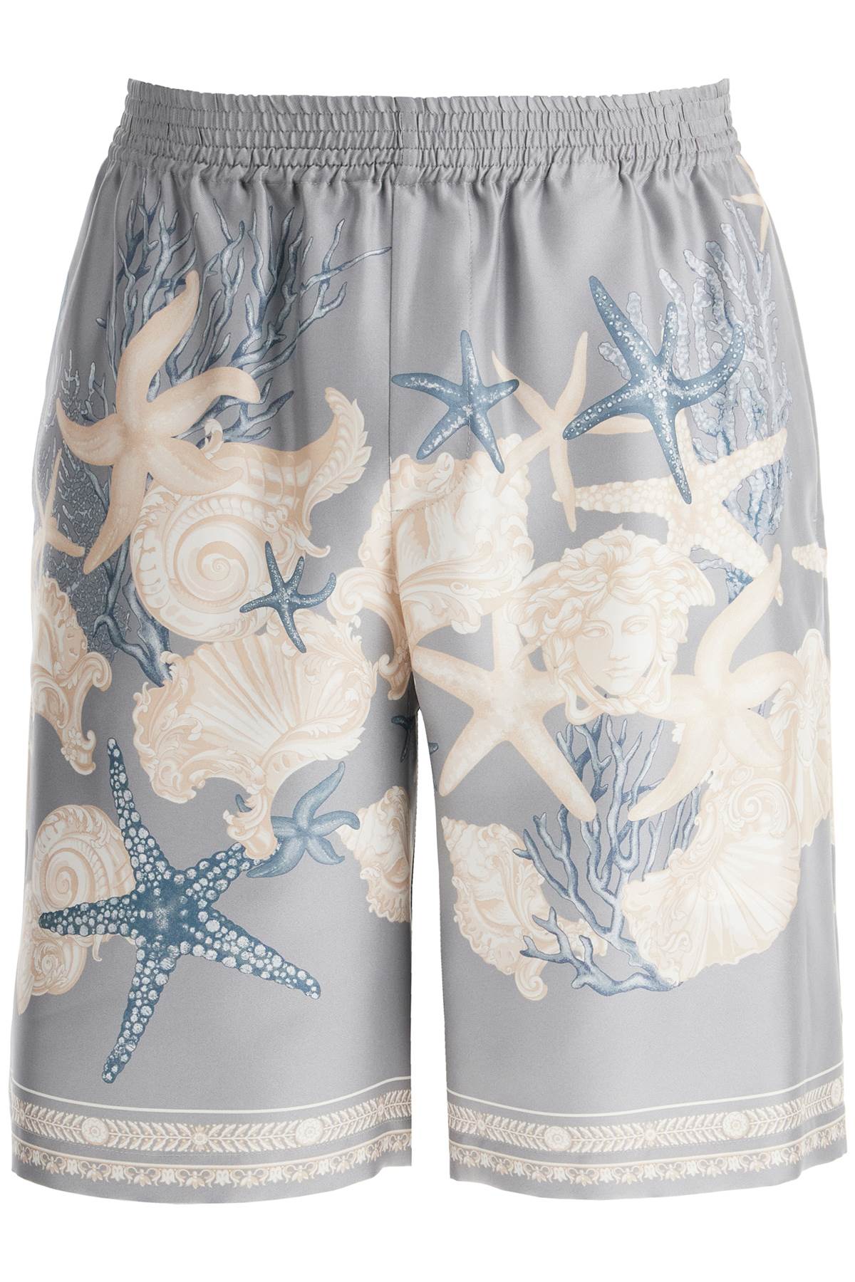 Shop Versace Baroque Silk Bermuda Set In Cocrete+dusty Blue+bone (grey)