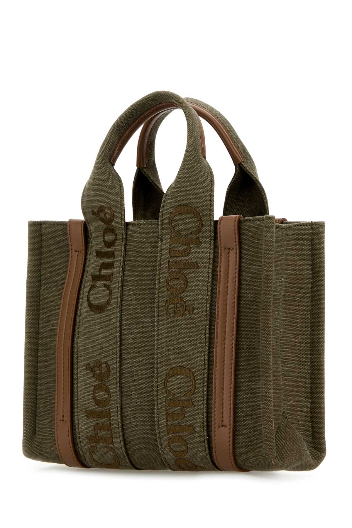 Shop Chloé Khaki Canvas Small Woody Shopping Bag In Darkkhaki