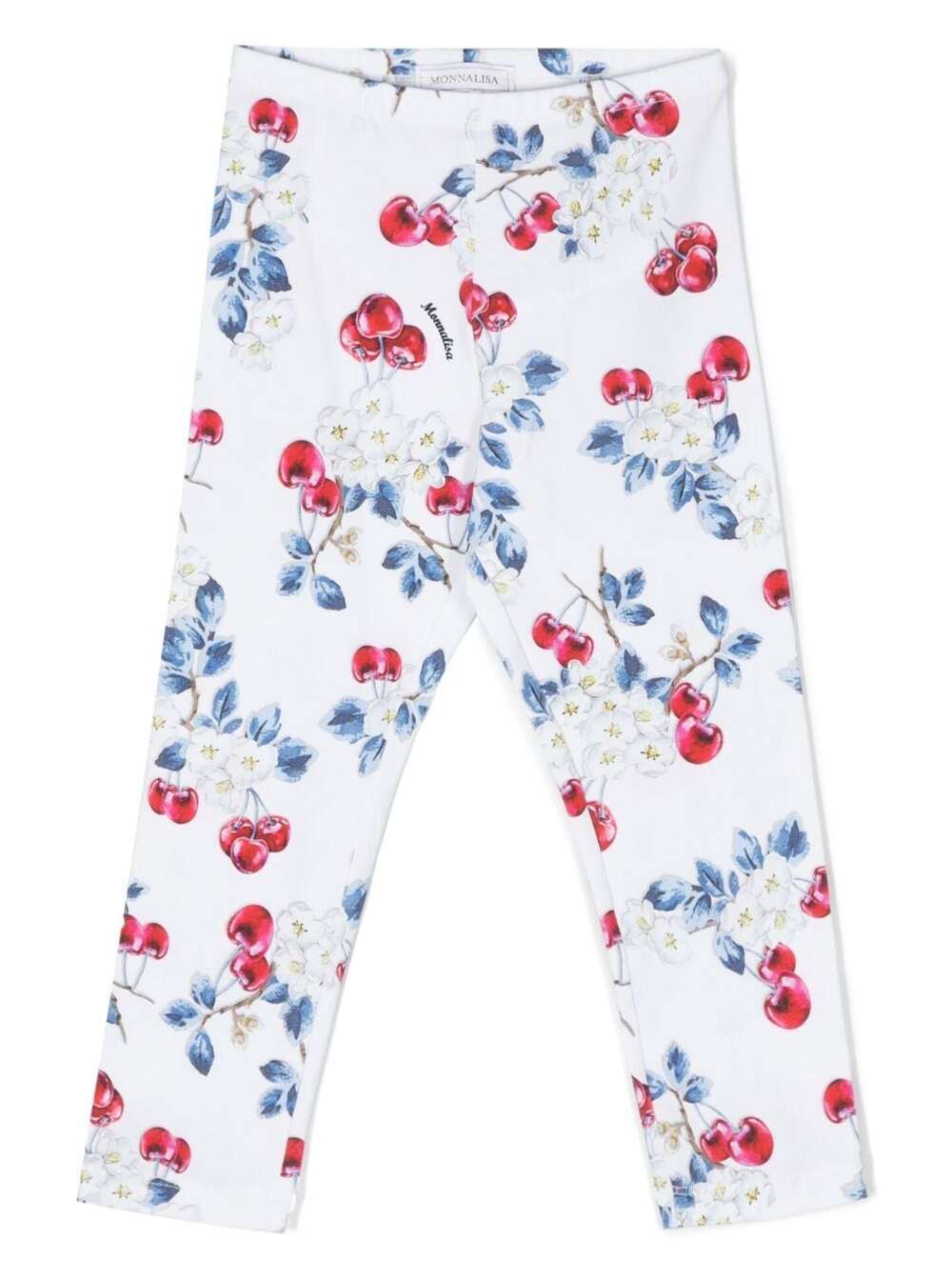 MONNALISA WHITE LEGGINGS WITH CHERRY AND LOGO PRINT IN STRETCH COTTON GIRL