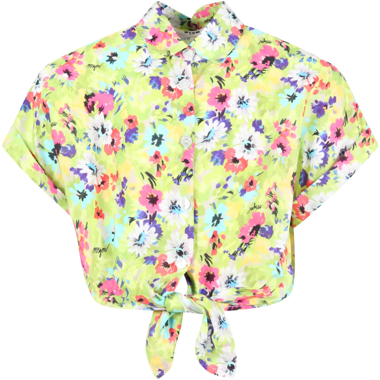 Msgm Kids' Green Shirt For Girl With Floral Print