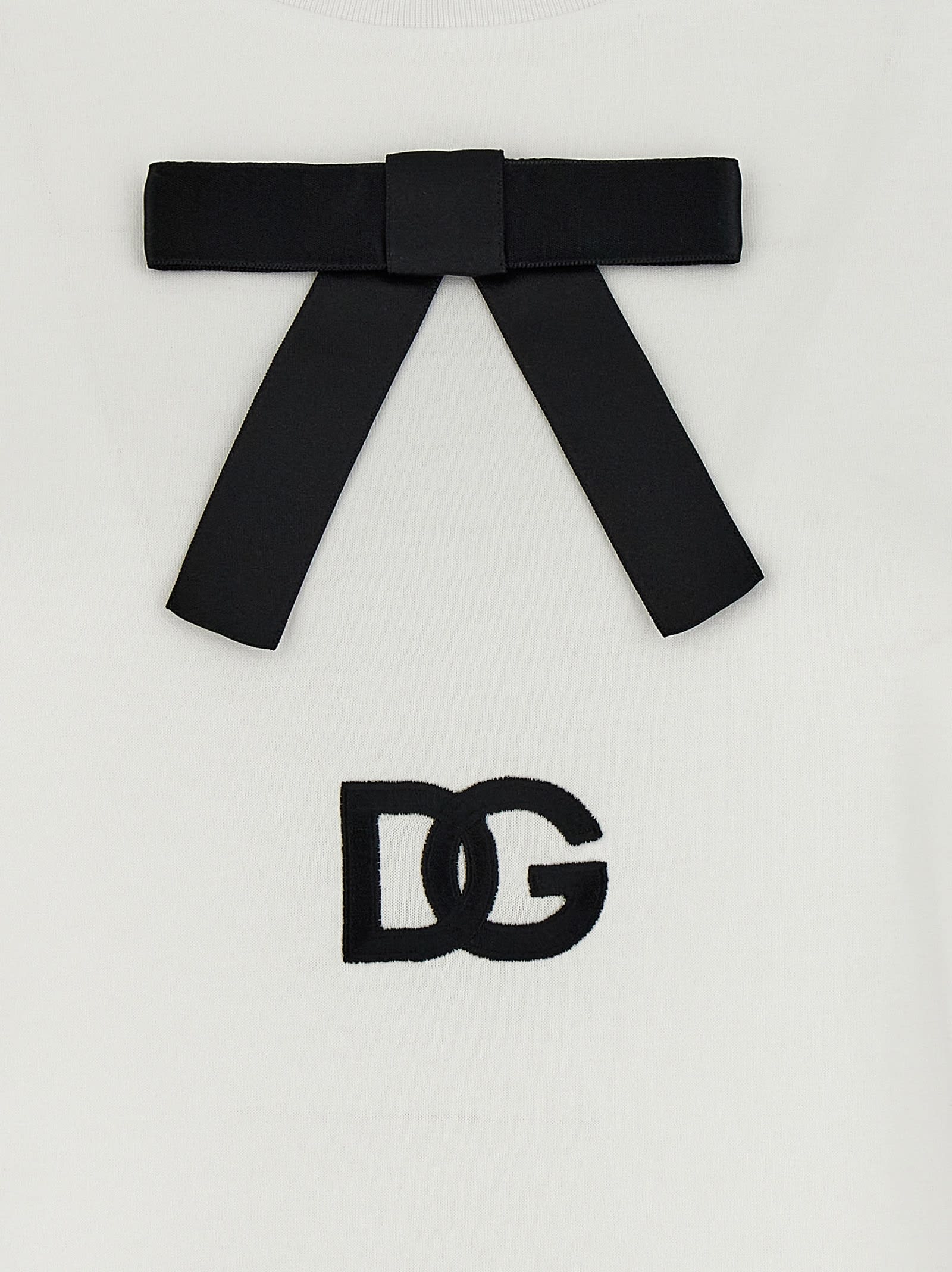Dolce & Gabbana White T-shirt With Bow On The Front And Dg Logo