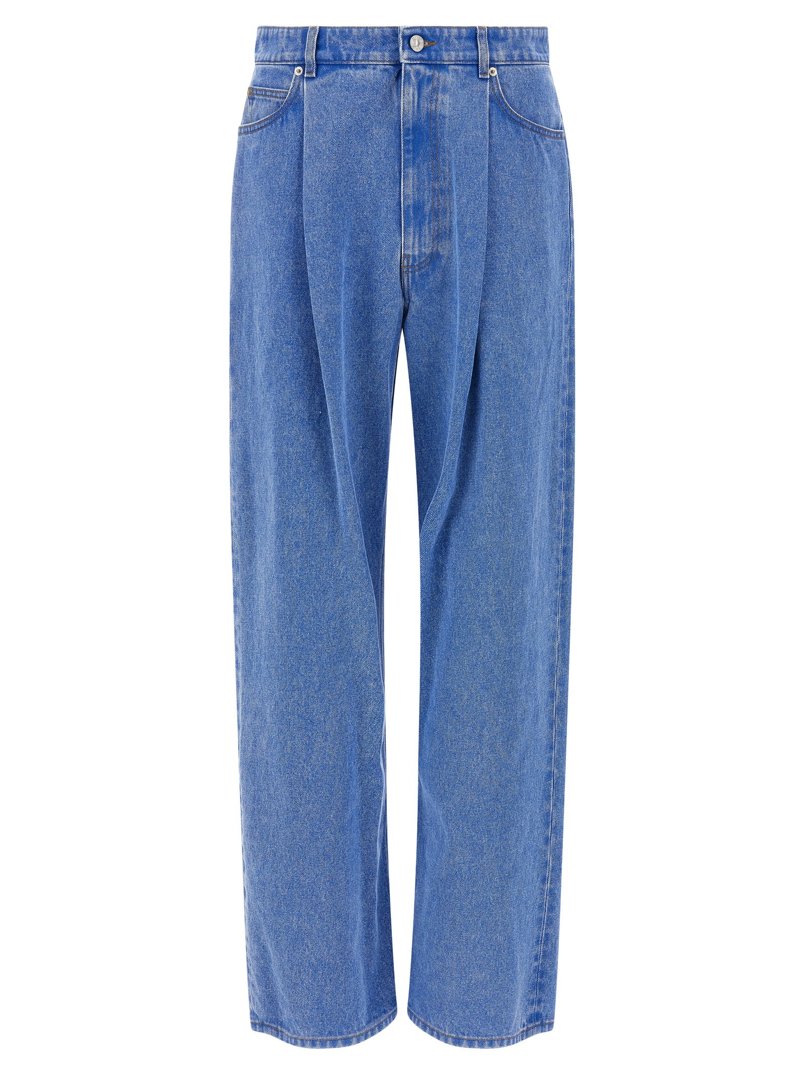 Marni Wide-leg Pleat Jeans With Contrast Stitching And Suede Logo In Blue