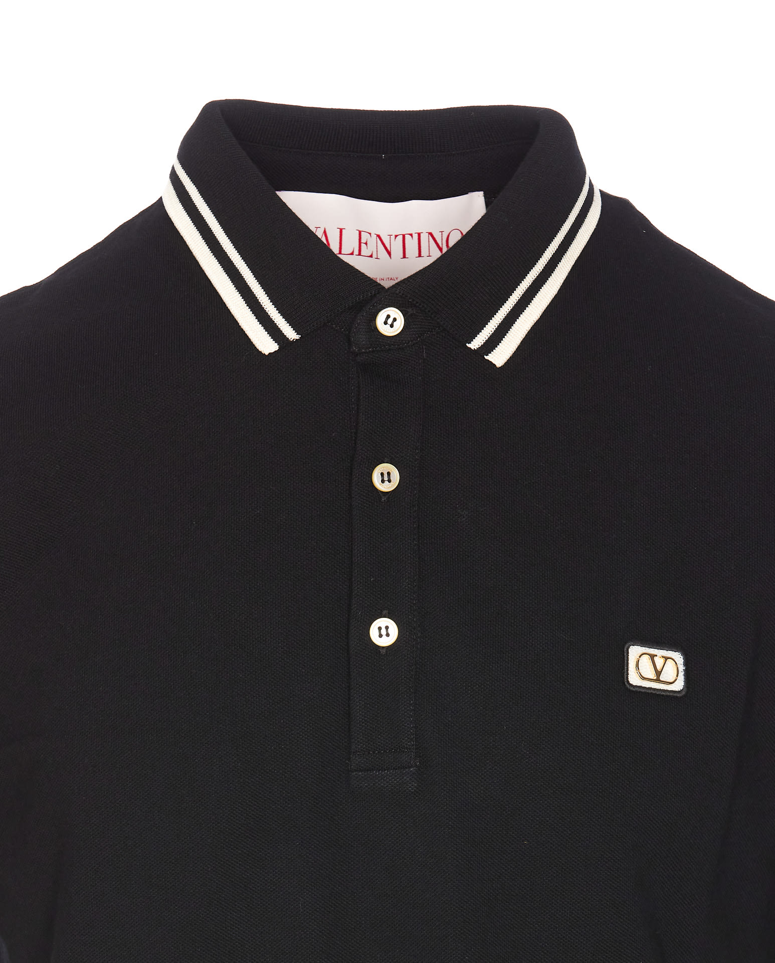 Valentino Garavani Black Polo Shirt With Classic Bicolor Collar And Logo Patch On The Front In Cotto In Black