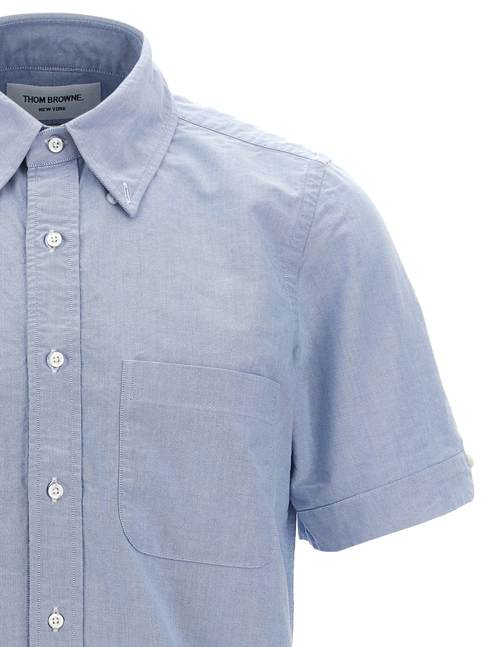Thom Browne Collared Shirt With Front Pocket And Short Sleeves In Light Blue
