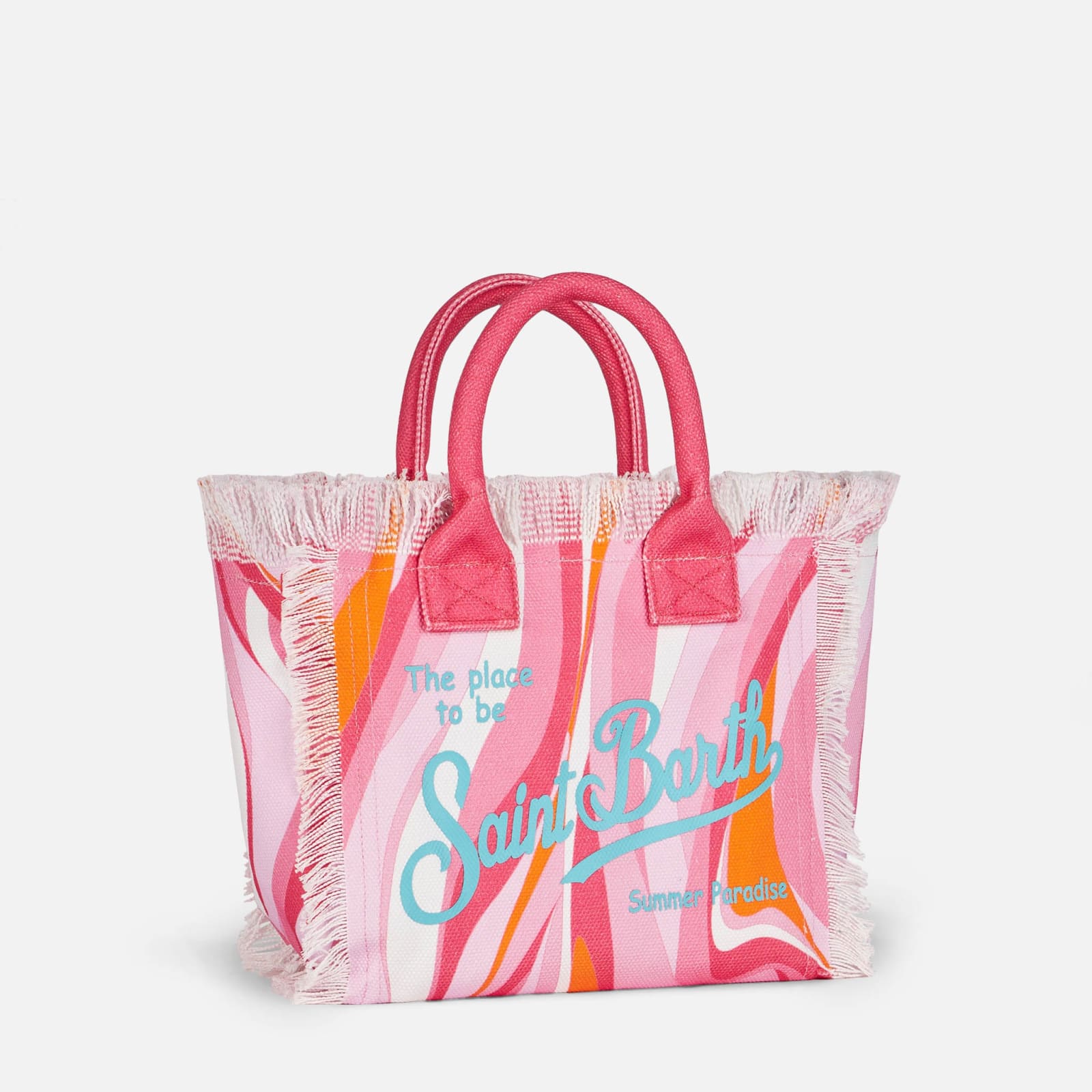 Shop Mc2 Saint Barth Colette Multicolor Cotton Canvas Handbag With Wave Print In Pink