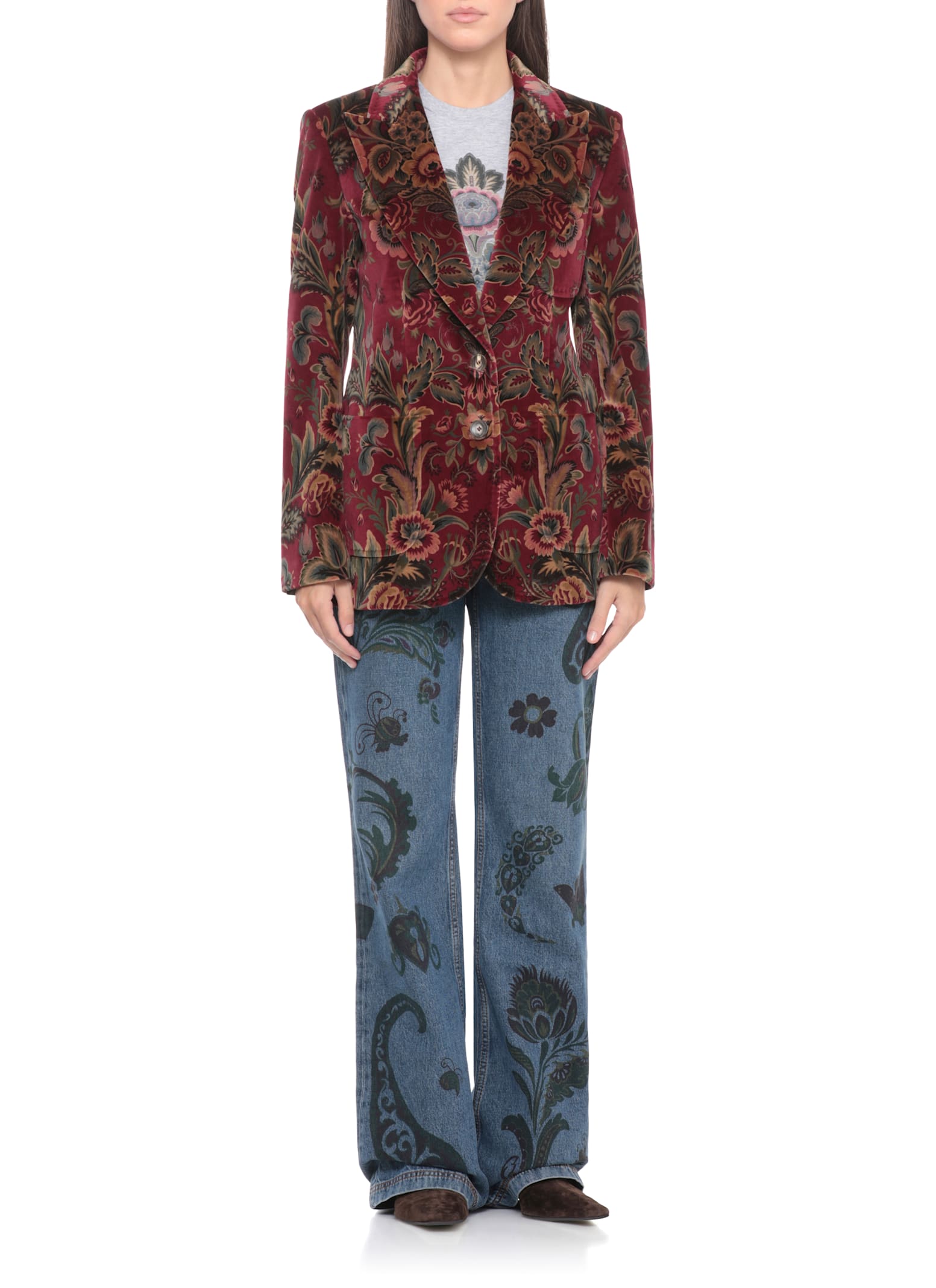 Etro Velvet Floral Pattern Long Sleeves Jacket In Red