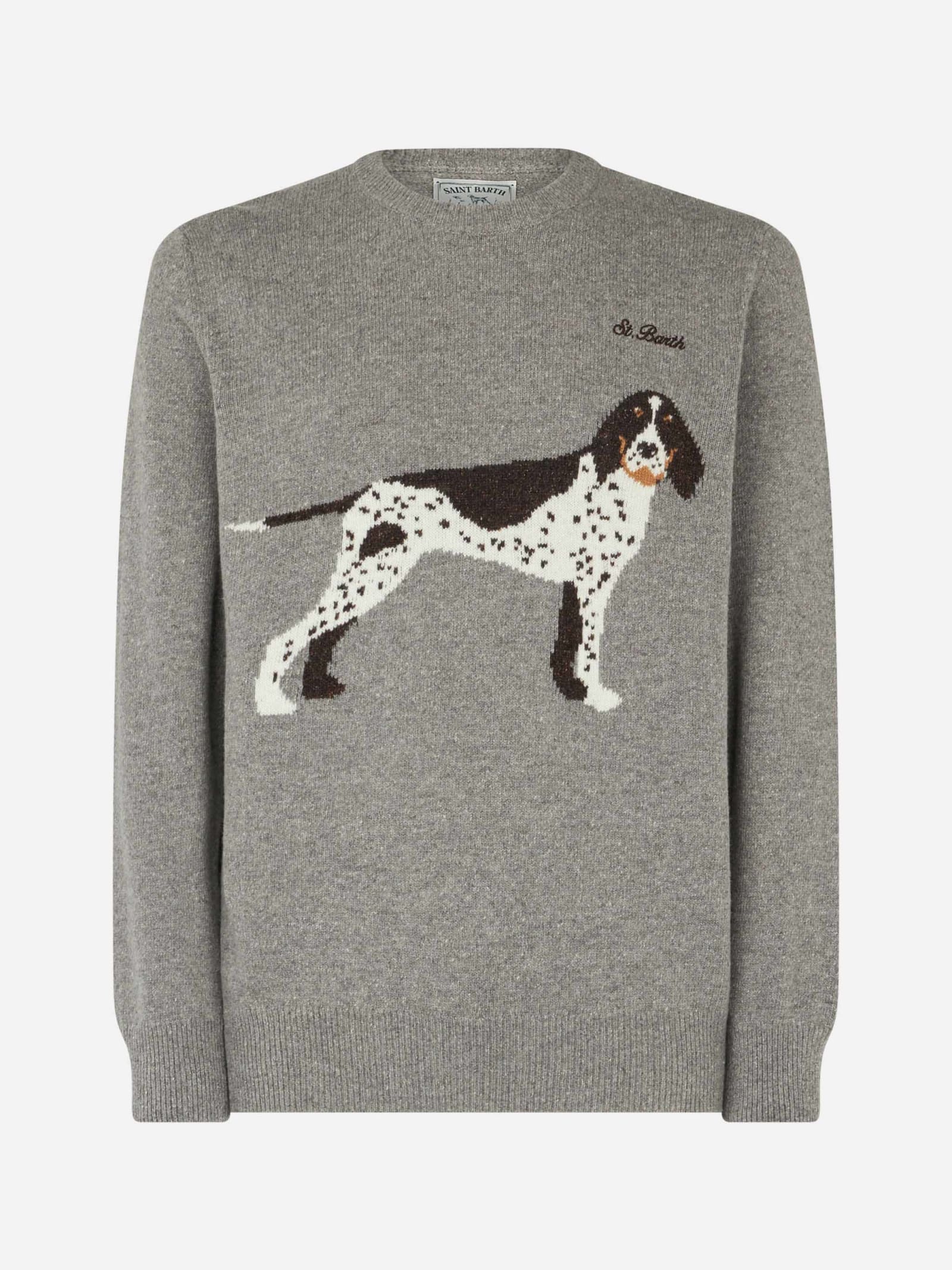 Shop Mc2 Saint Barth Man Crewneck Donegal Sweater With Country Dog Jacquard Print In Grey