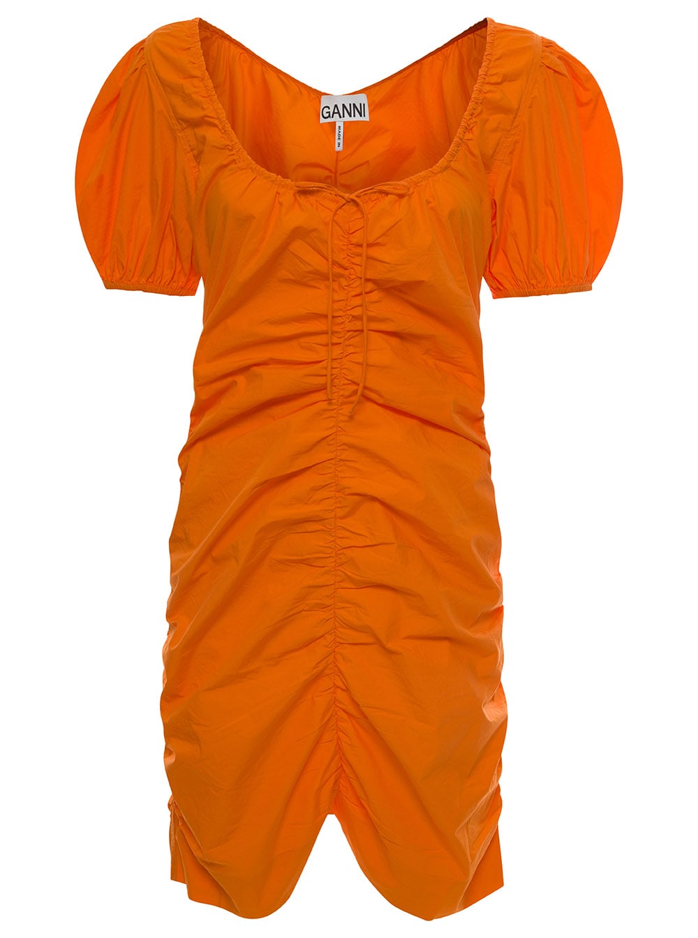 Ganni Mini Gathered Orange Dress With Balloon Sleeves In Cotton Woman