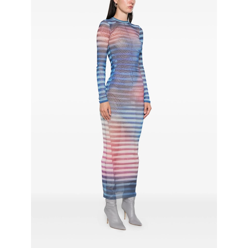 Jean Paul Gaultier Mesh Striped Bodycon Maxi Dress In Blue