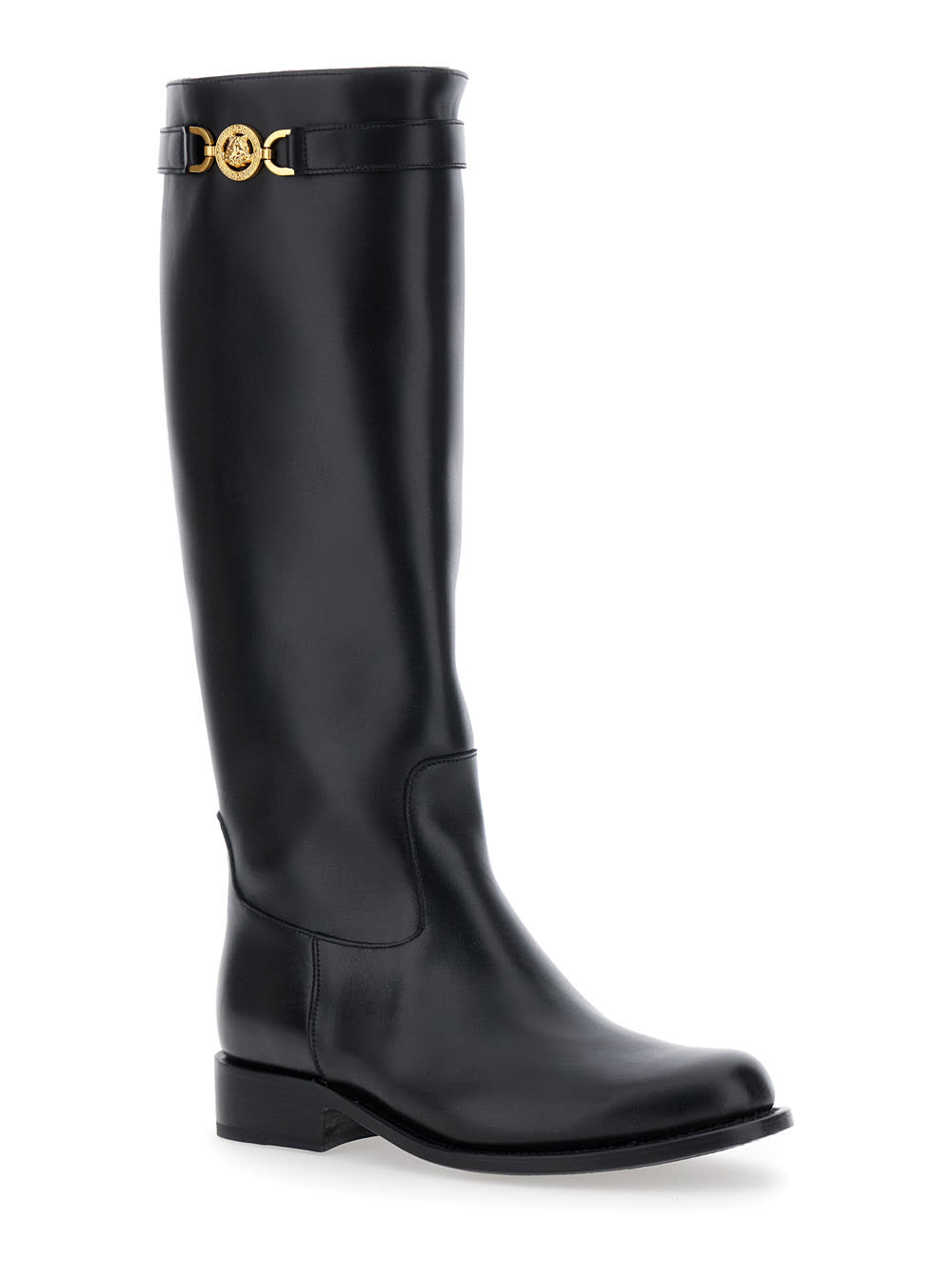 Shop Versace Black High Boots With 95 Medusa Detail In Leather Woman