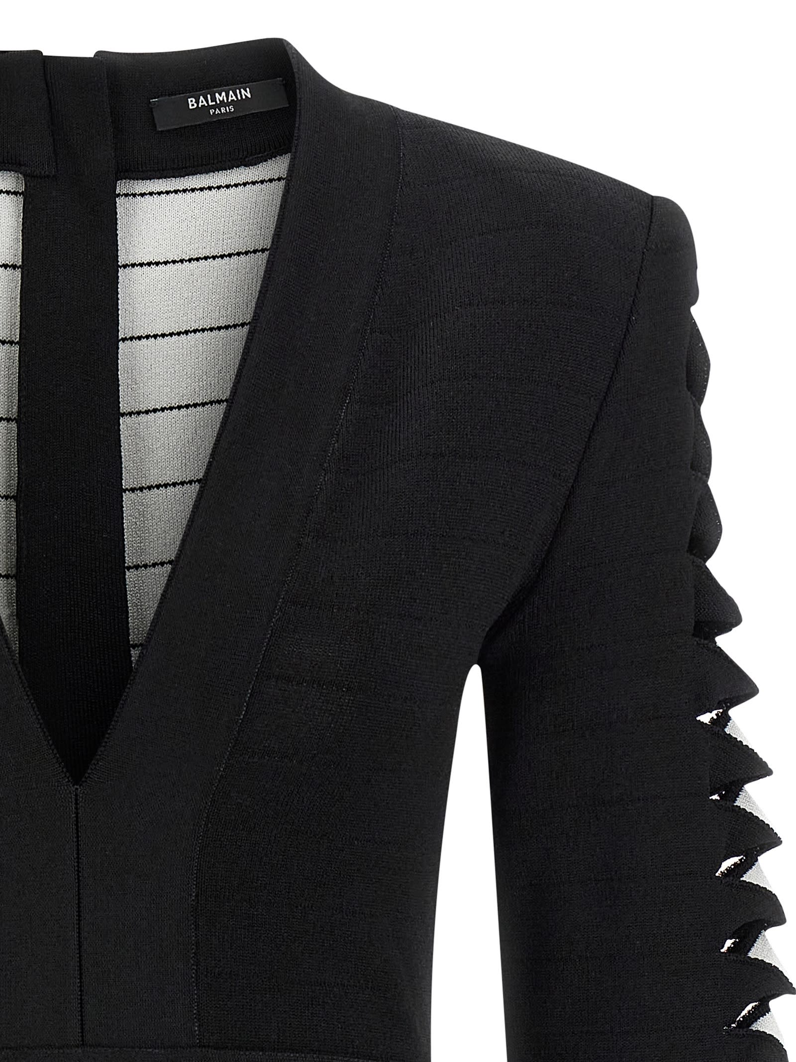 Balmain V-neckline Dress With Fitted Waist And Sleeves In Black