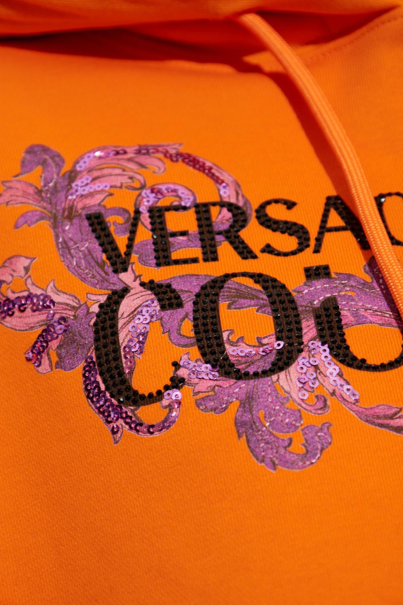 Versace Jeans Couture Hoodie With Logo And Crystals In Orange