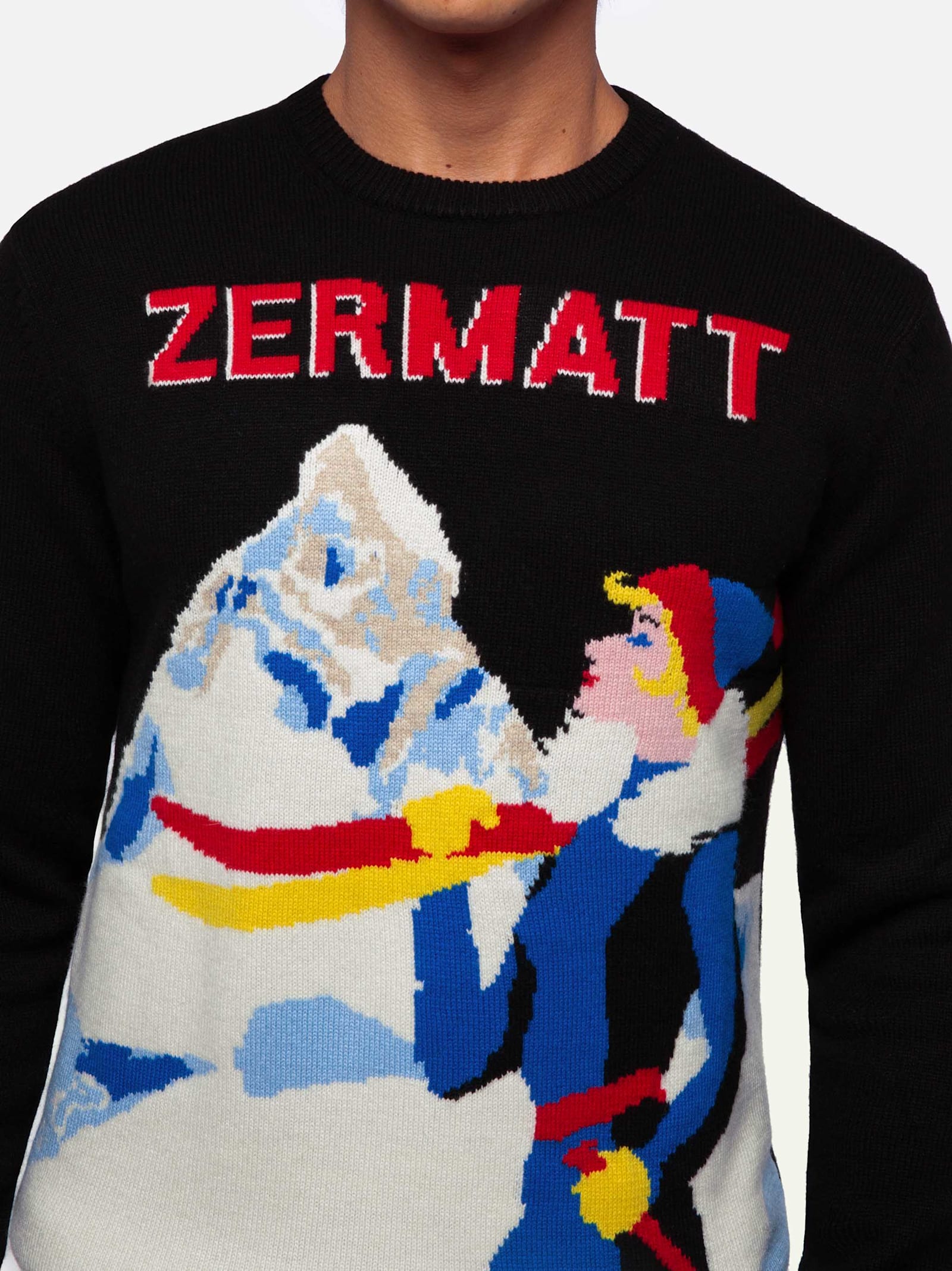 Mc2 Saint Barth Crewneck Sweater Heron With Zermatt Postcard Jacquard In Black