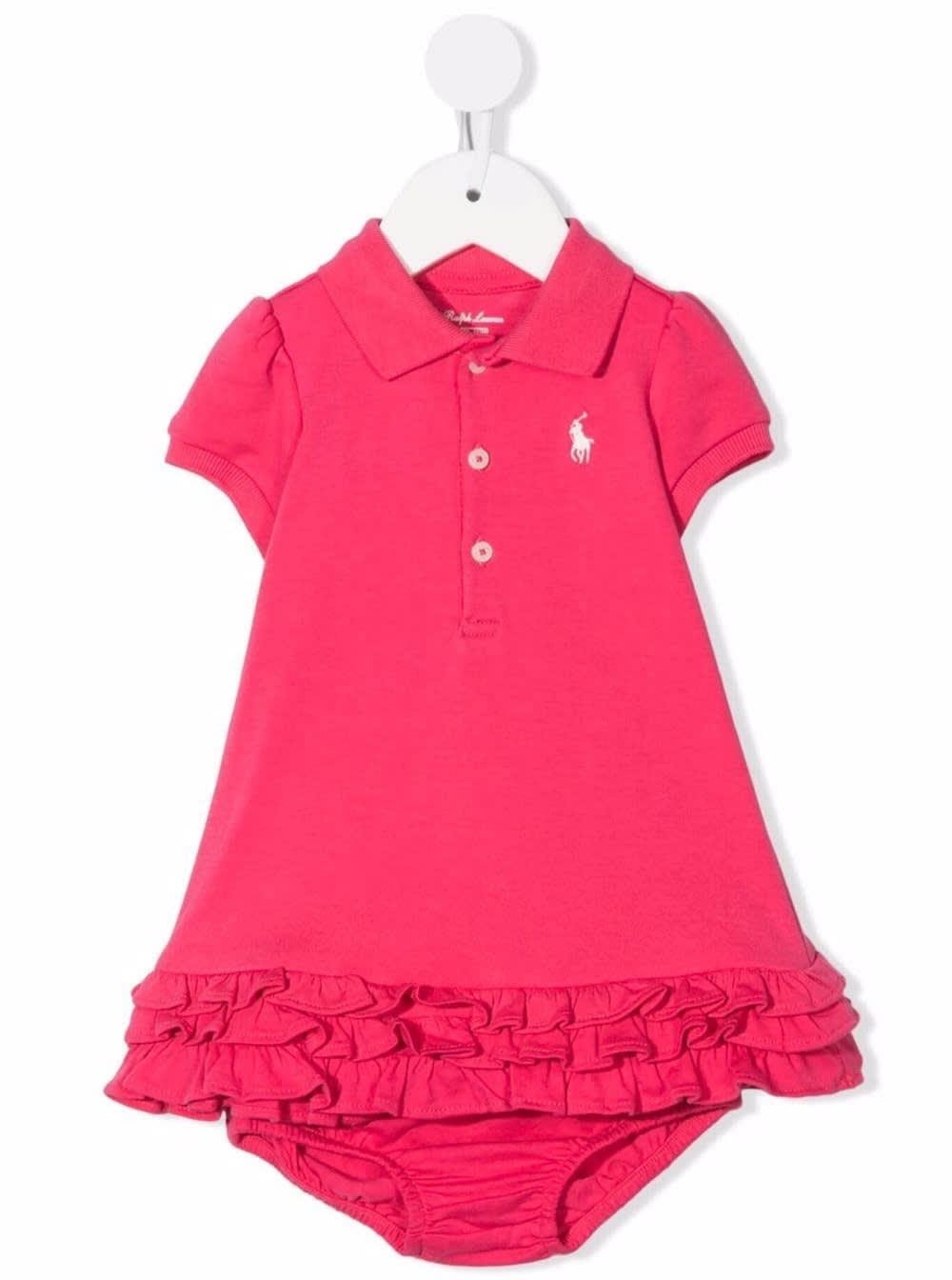 Polo Ralph Lauren Kids Baby Girls Pink Cotton Dress With Ruffled Details And Logo