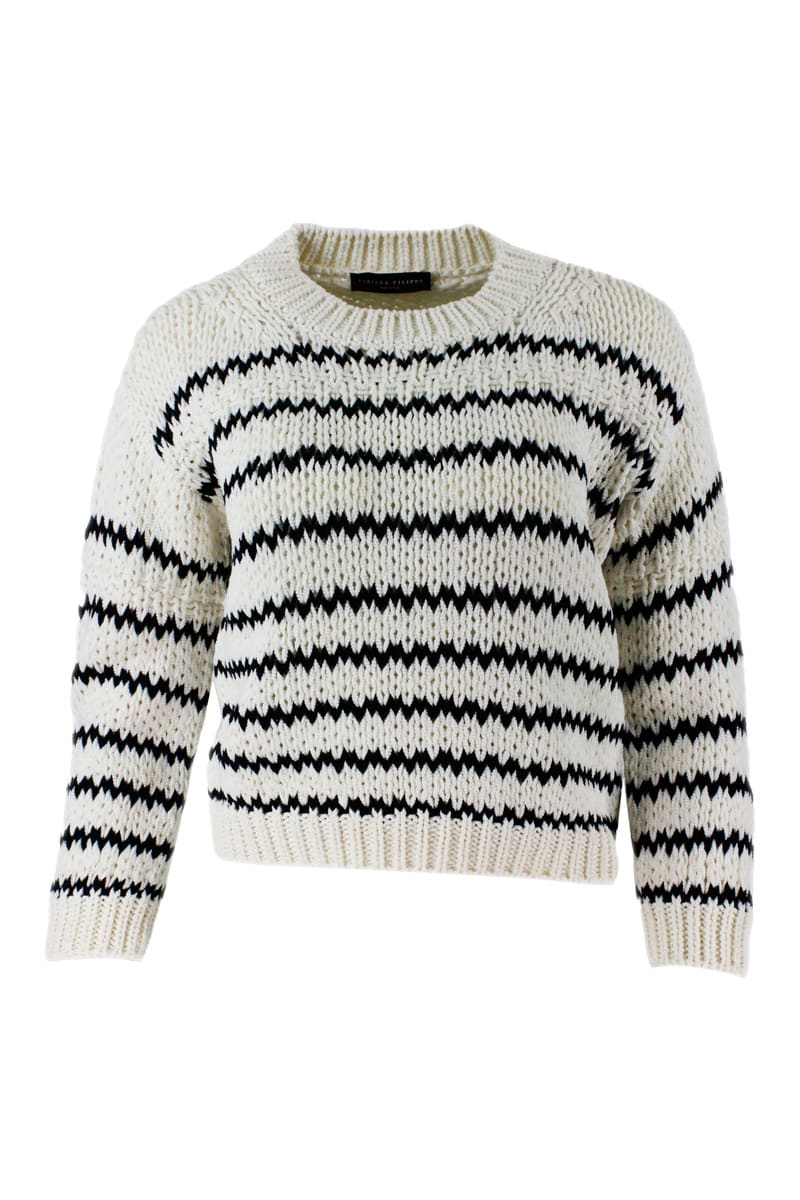 Fabiana Filippi Maxi Crewneck Sweater In Cotton With Contrasting Color Work