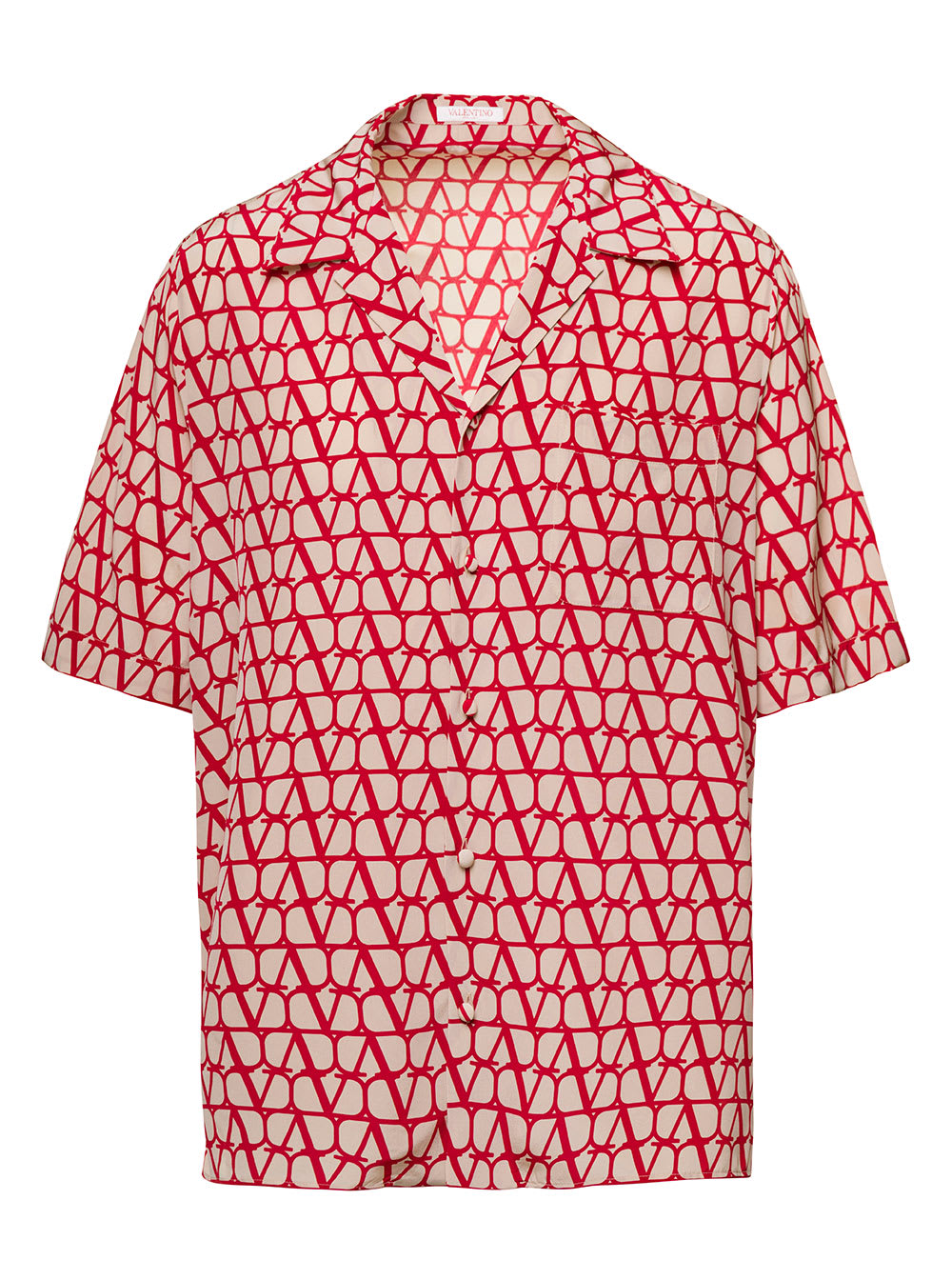 VALENTINO RED SHORT SLEEVE TOILE ICONOGRAPHE SHIRT WITH MONOGRAM LOGO ALL-OVER IN SILK MAN