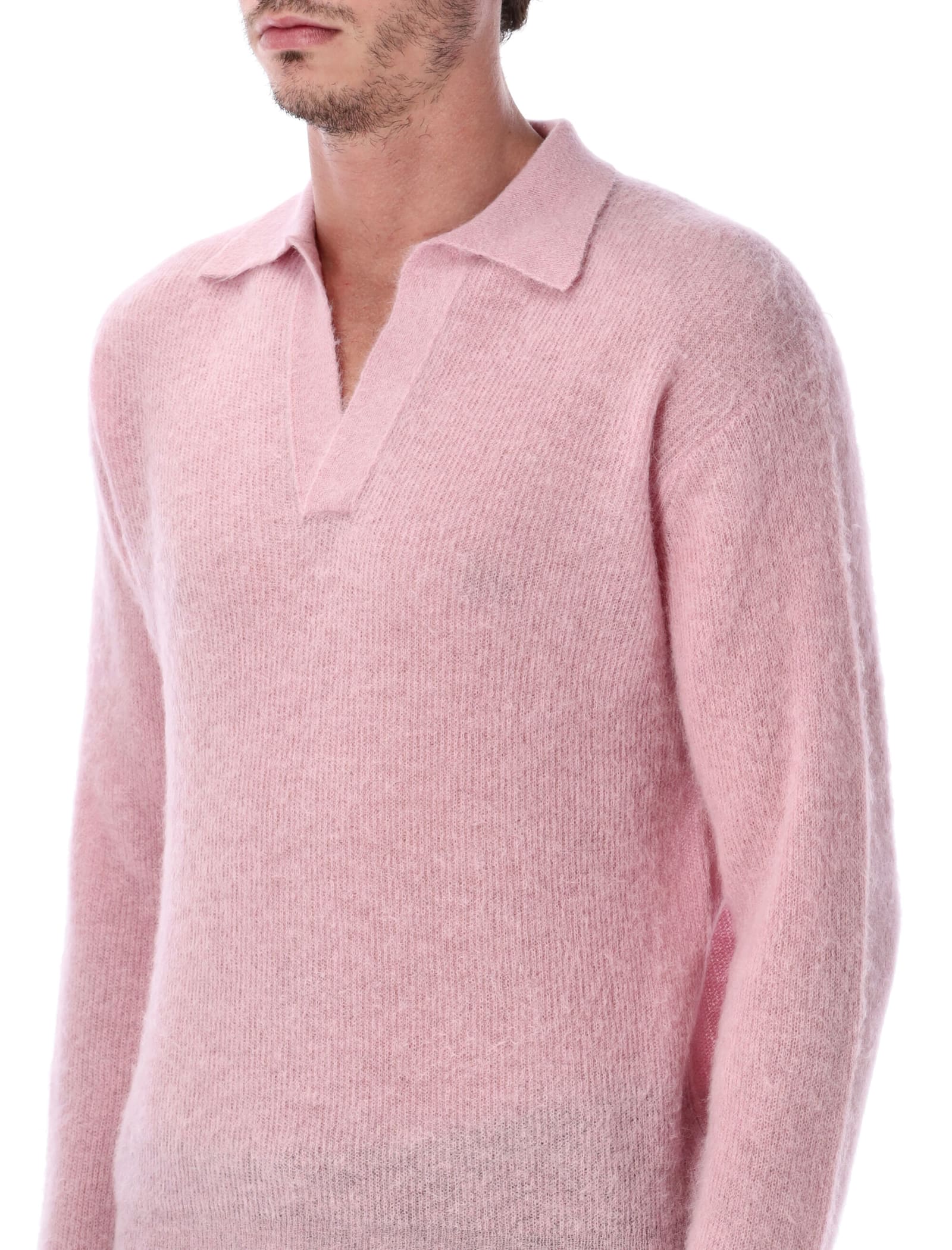 Auralee Ribbed Polo Sweater With Buttoned Placket And Textured Knit In Pink