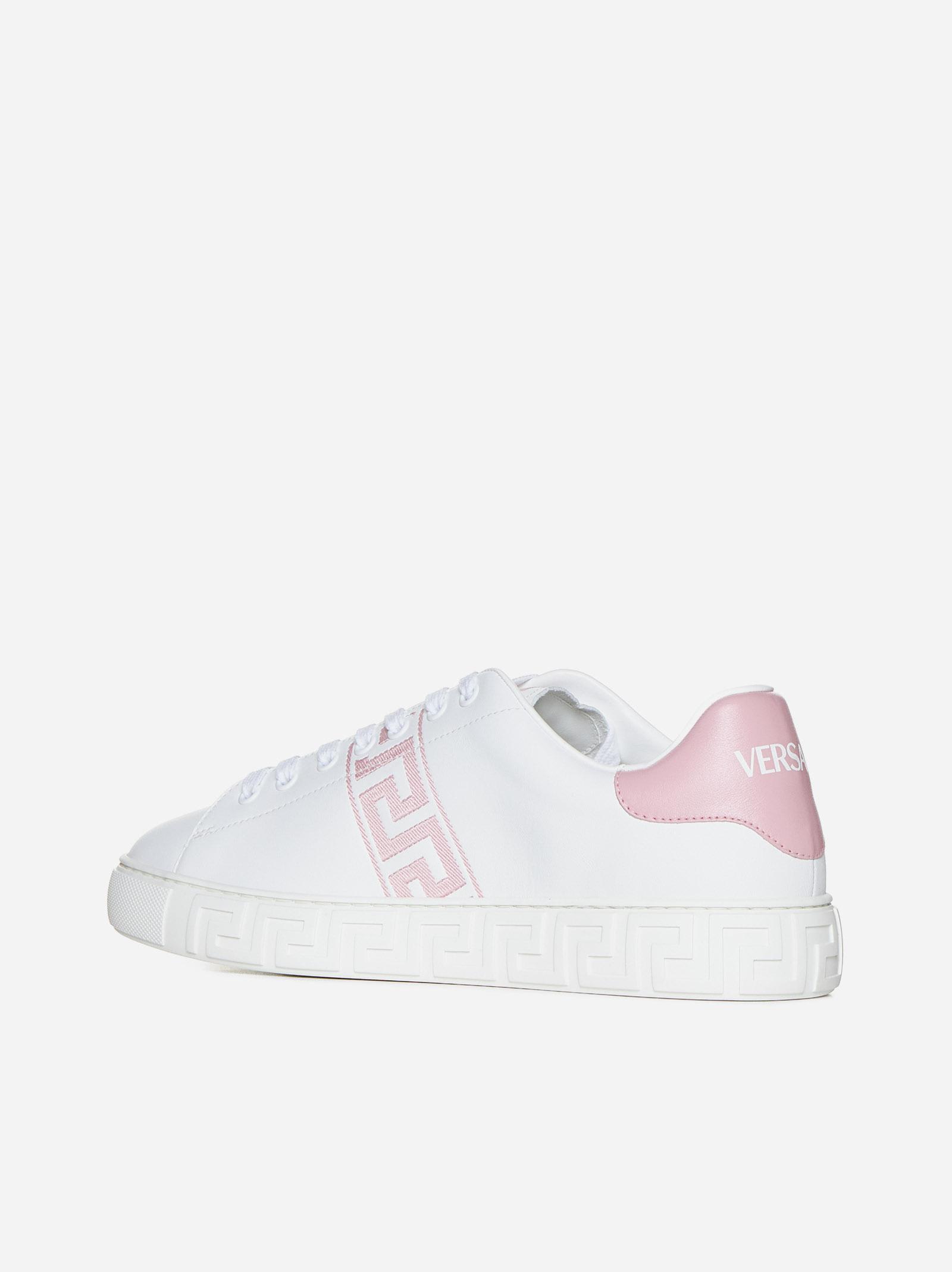 Shop Versace Greca Faux Leather Sneakers In White