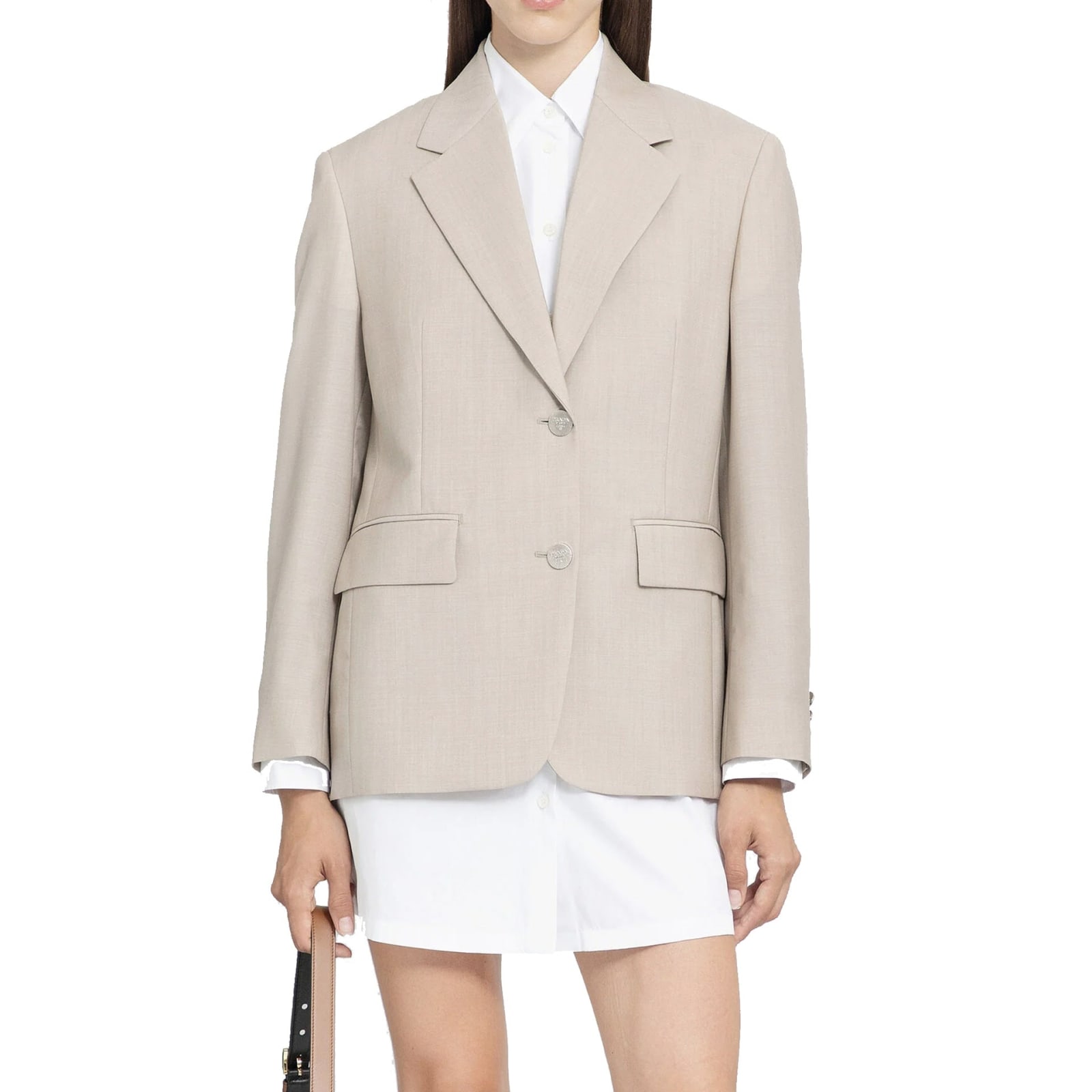 Shop Prada Wool Blazer Jacket In Beige