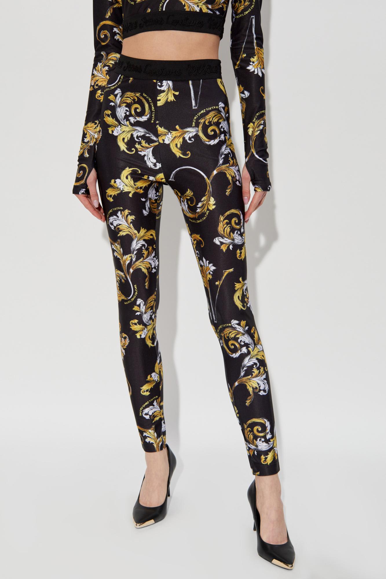 Versace Jeans Couture Black Leggings With Barocco Graphic Print In Black