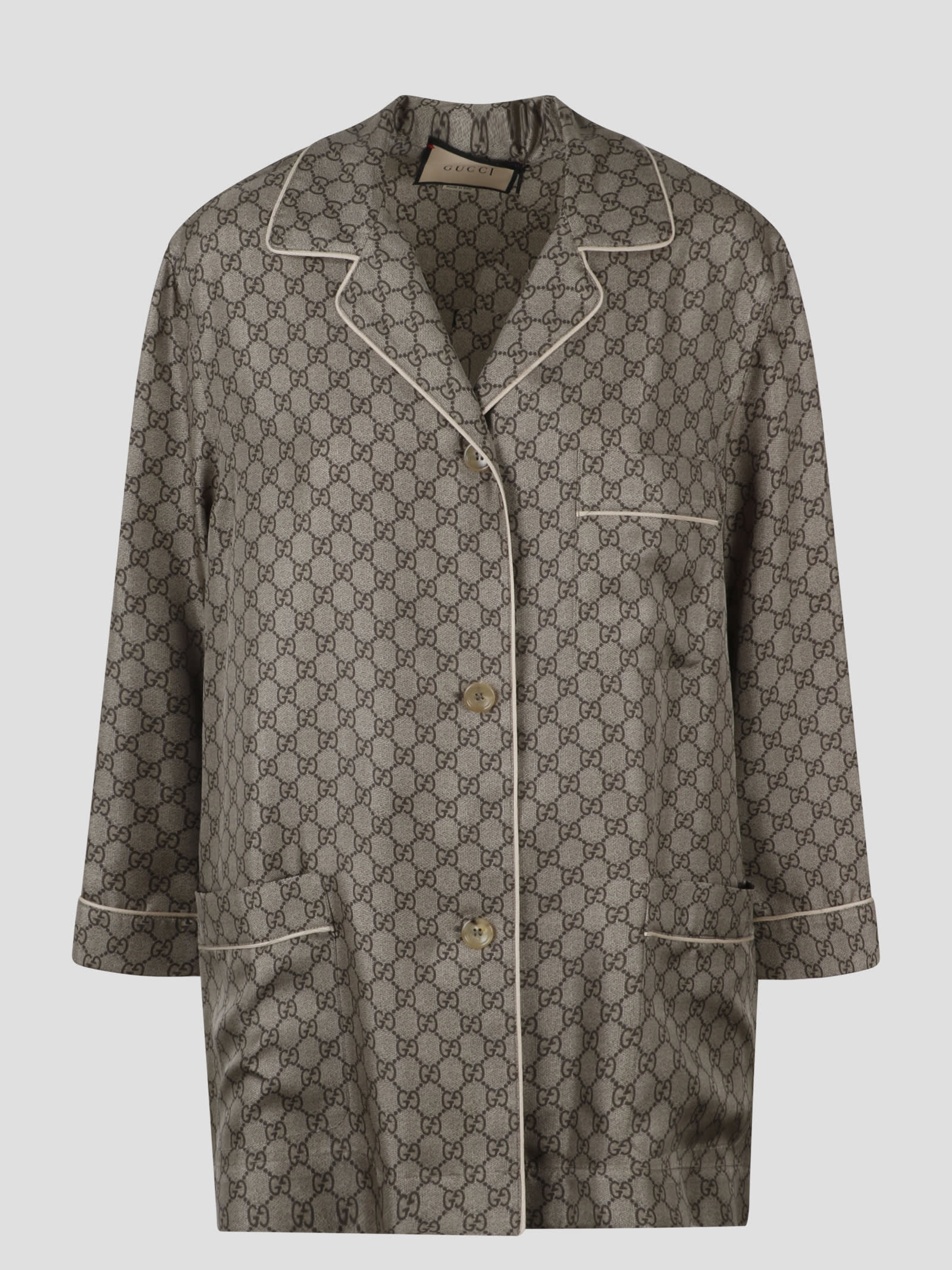 Gucci Gg Supreme Oversized Silk Shirt In Nude & Neutrals