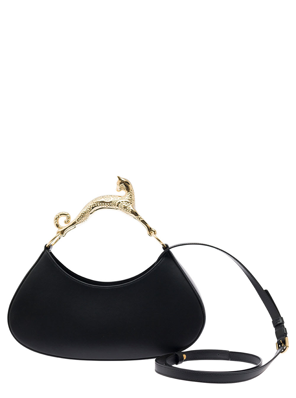 Shop Lanvin Hobo Large Black Handbag With Cat Handle In Leather Woman