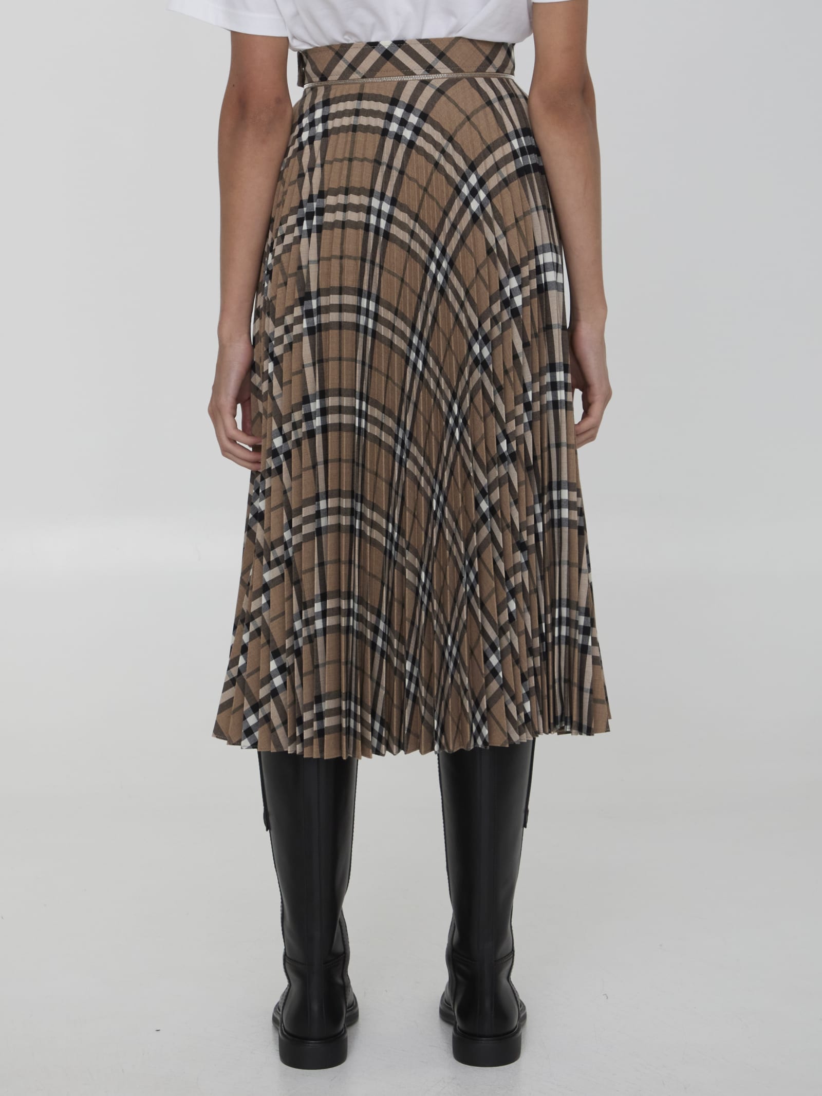 Shop Burberry Check Pleated Skirt In Brown