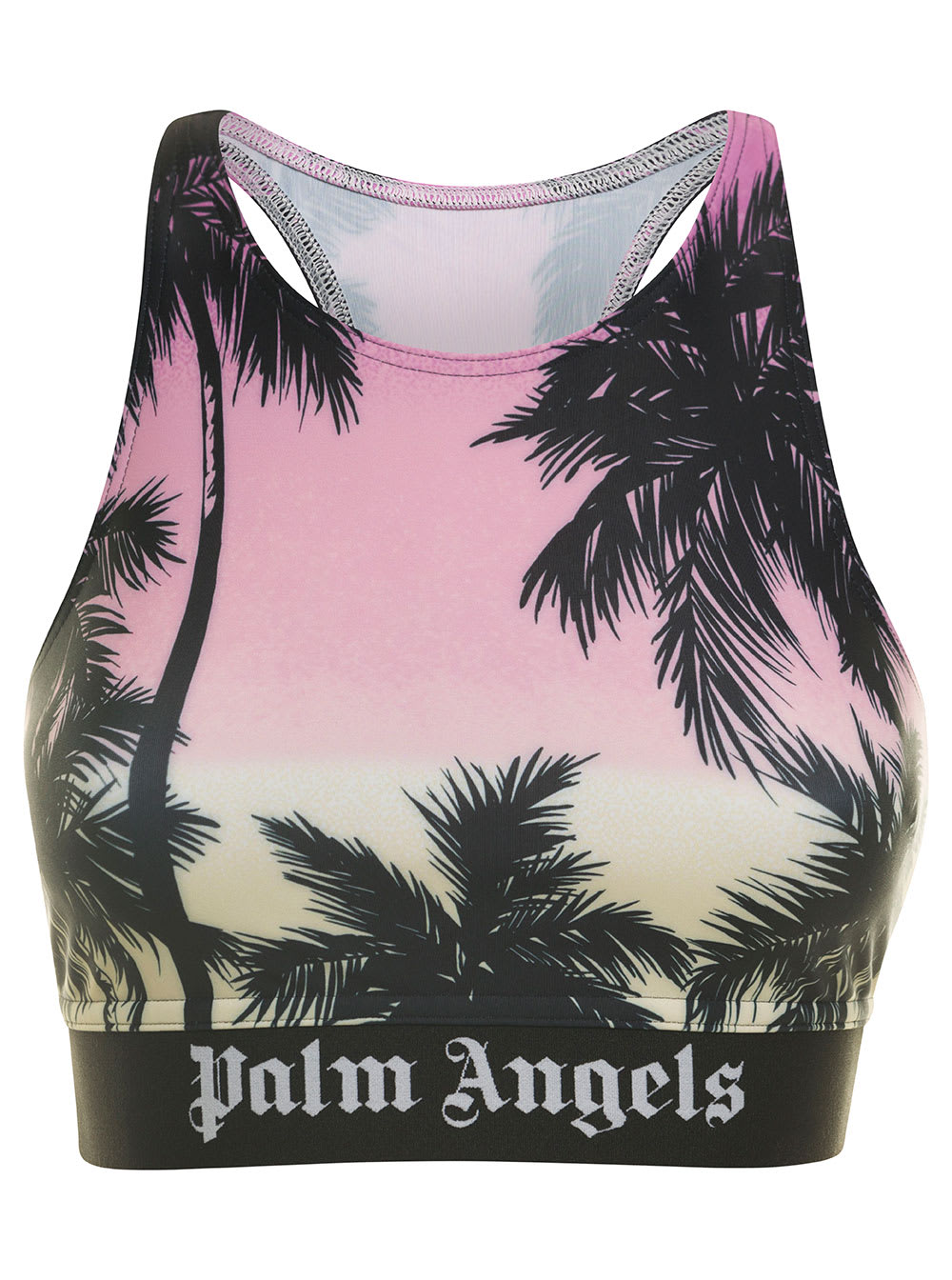 PALM ANGELS PINK SPORTS BRA WITH ALL-OVER GRAPHIC PRINT AND ELASTIC BAND IN STRETCH FABRIC WOMAN