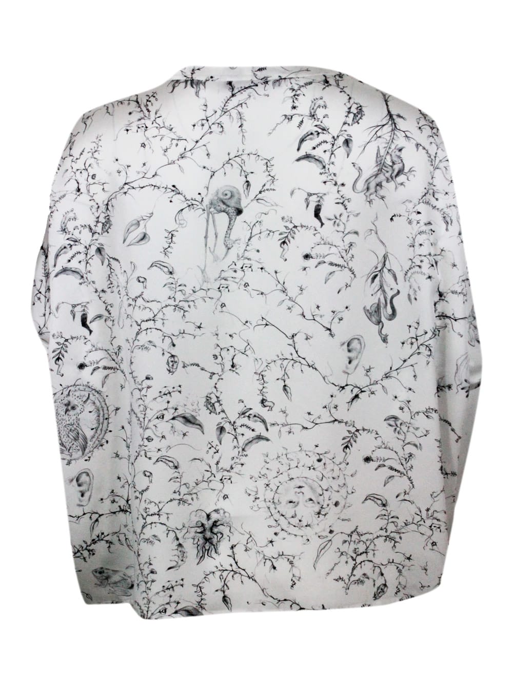 Shop Fabiana Filippi Crew-neck, Short-sleeved, Oversized Silk Shirt With Branch Patterned Print In Bianco