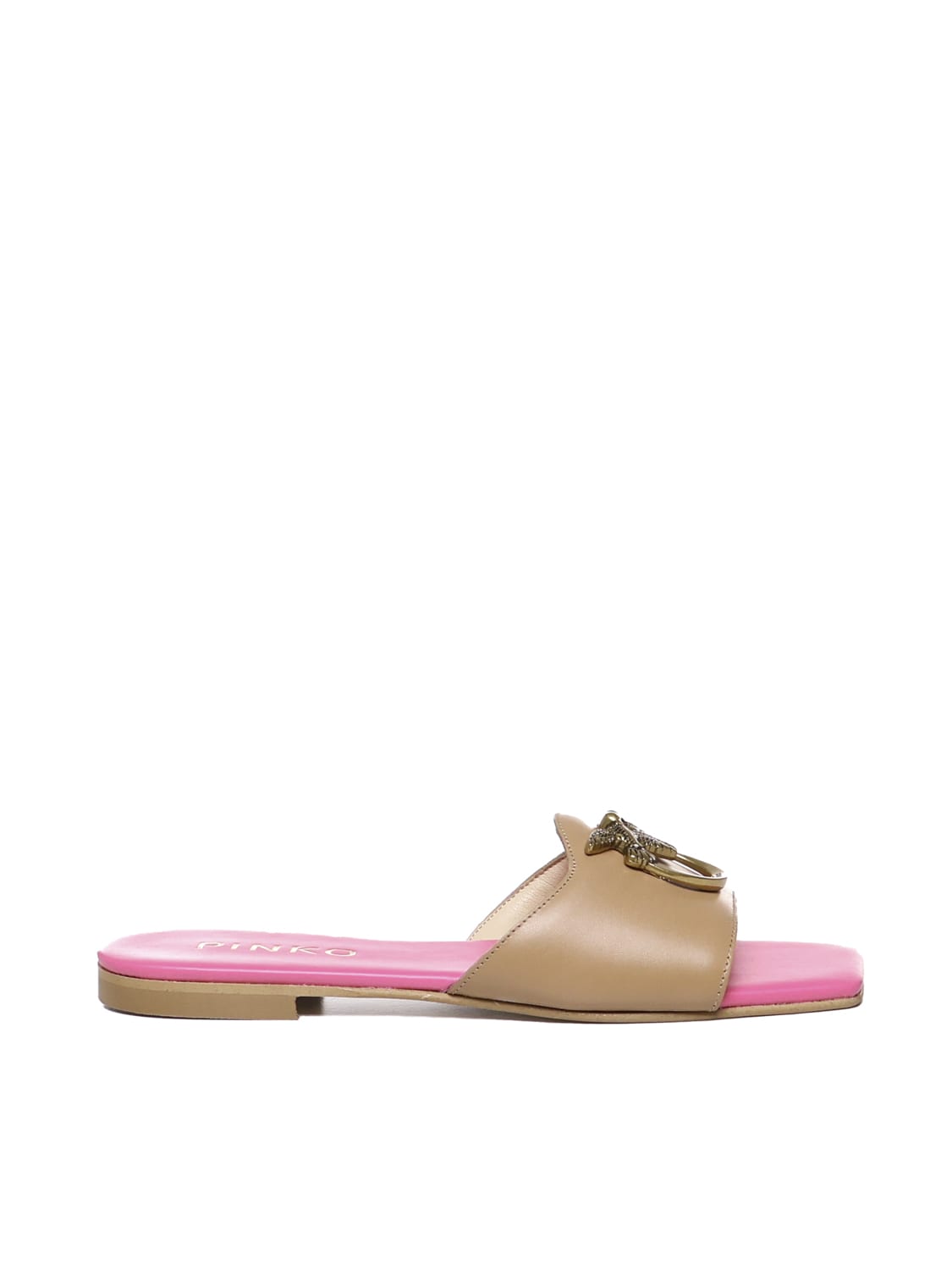 Shop Pinko Flatt Leather Slippers In Beige, Pink