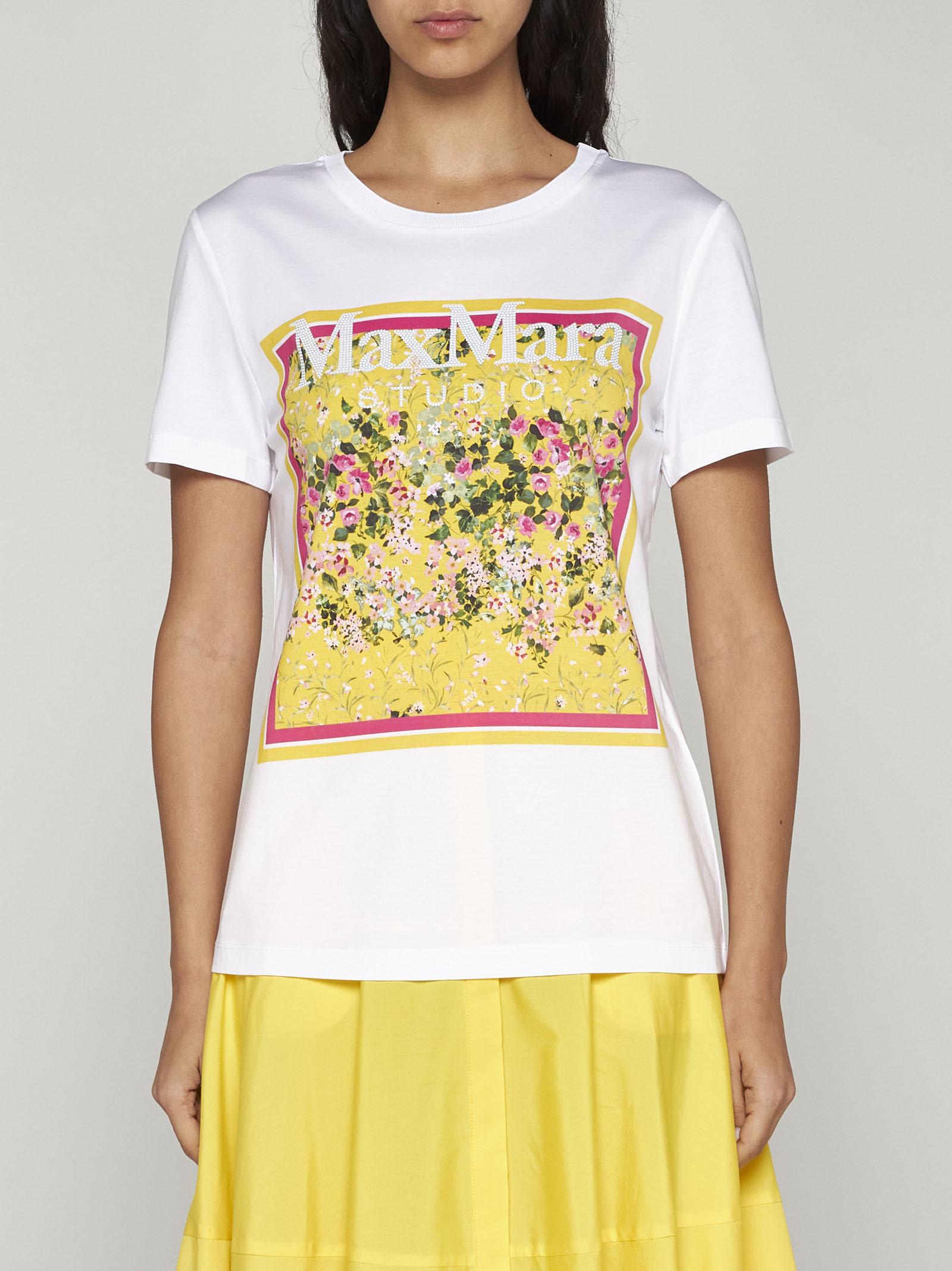 Shop Max Mara Rita Print Cotton T-shirt In Bianco Giallo