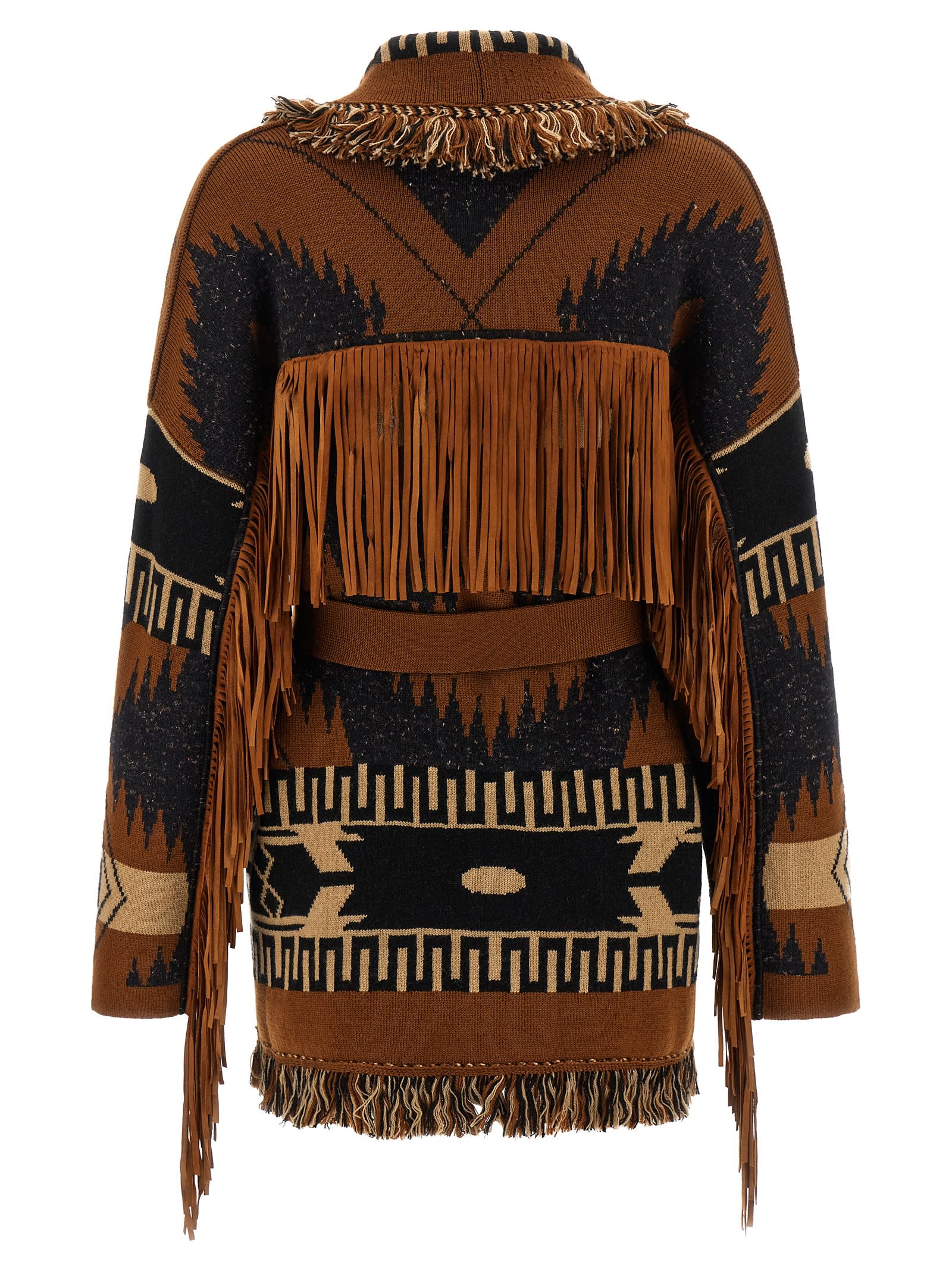 Alanui Icon Jacquard Fringe Belted Cashmere Cardigan In Multi