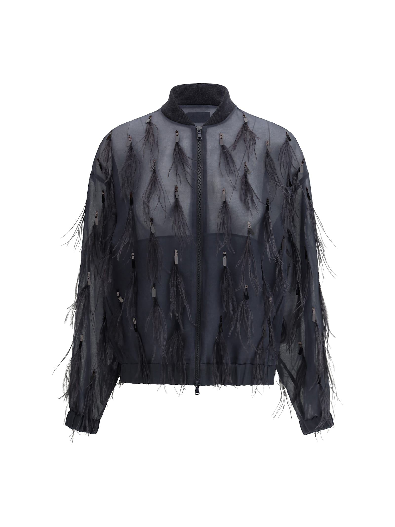 Brunello Cucinelli Crispy Silk Bomber Jacket With Dazzling Feather Embroidery In Lignite