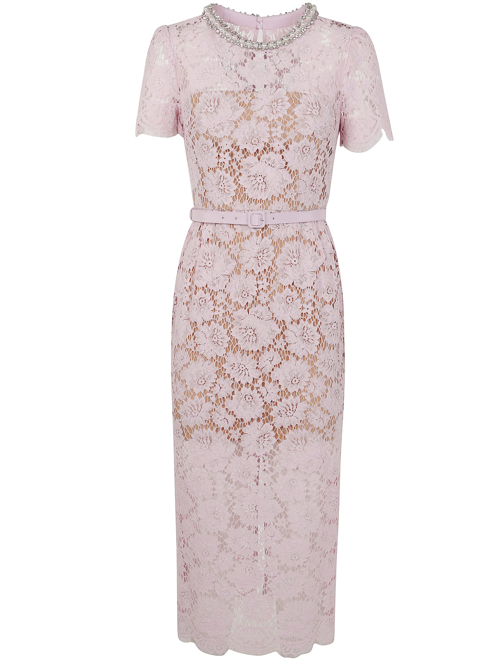 Pink Fine Lace Pearl Midi Dress