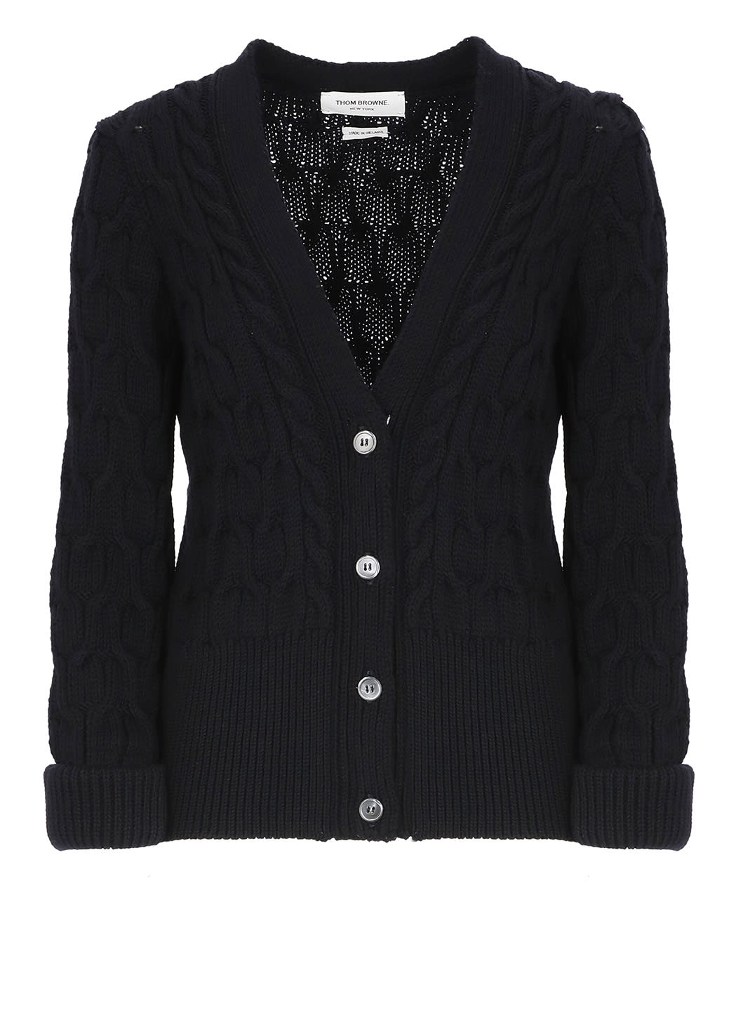 Thom Browne Cable Knit Wool Cardigan In Blue