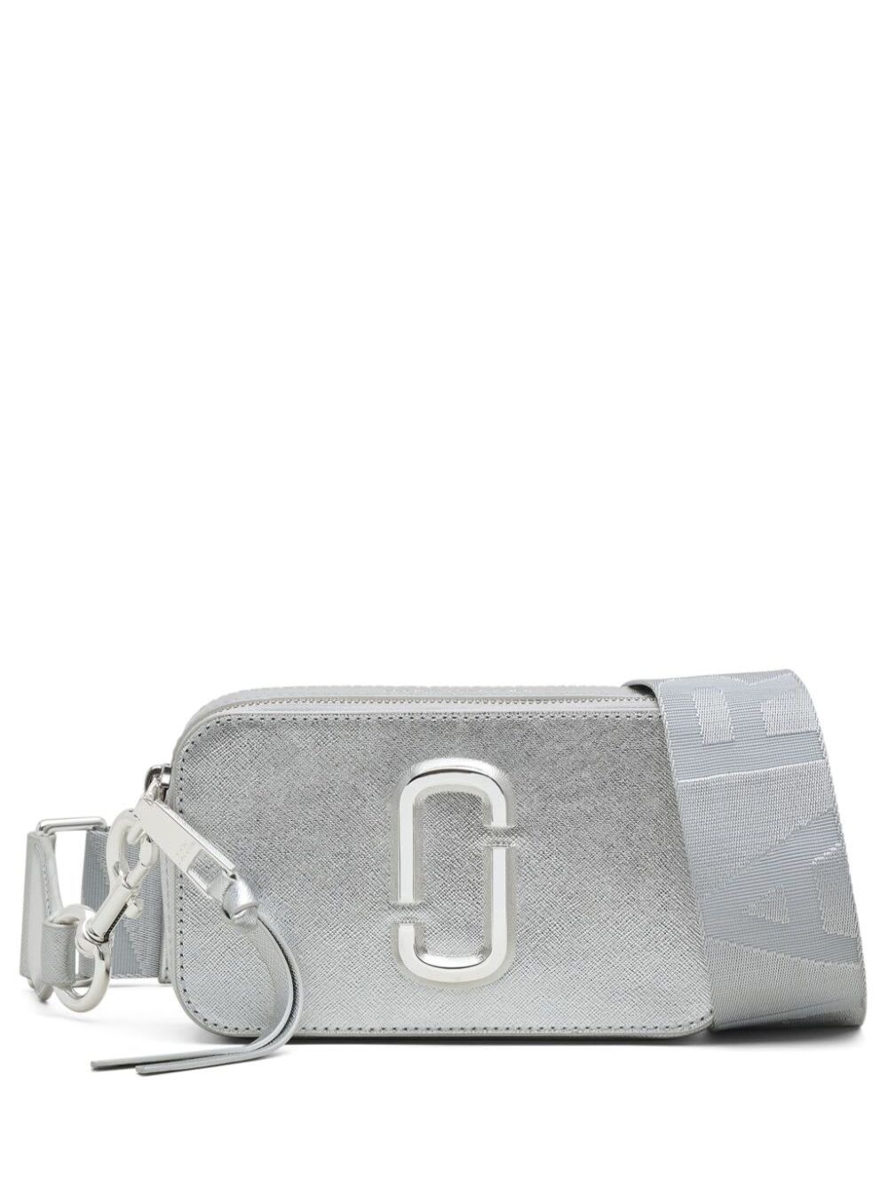 Shop Marc Jacobs The Slingshot Silver Crossbody Bag With Logo Detail In Laminated Leather Woman In Metallic