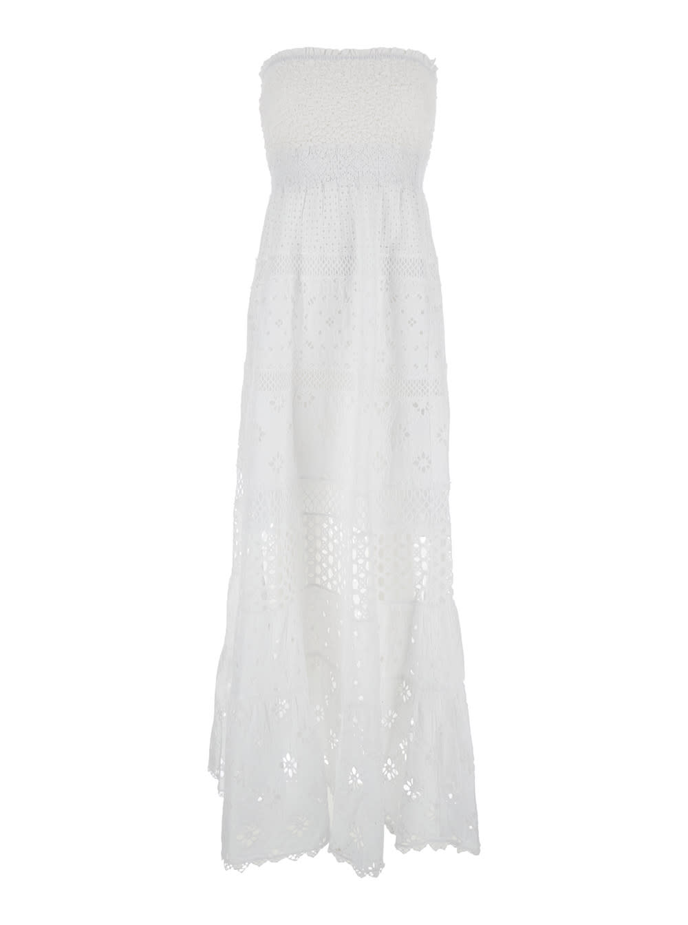 White Long Embroidered Dress In Cotton Woman