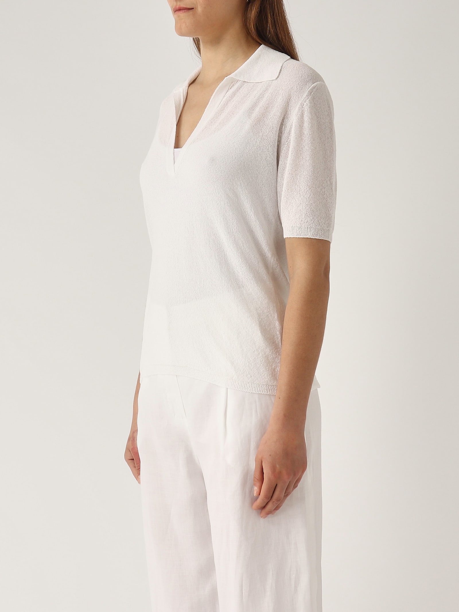 Max Mara V-neck Knitted Polo Shirt In Bianco Ottico