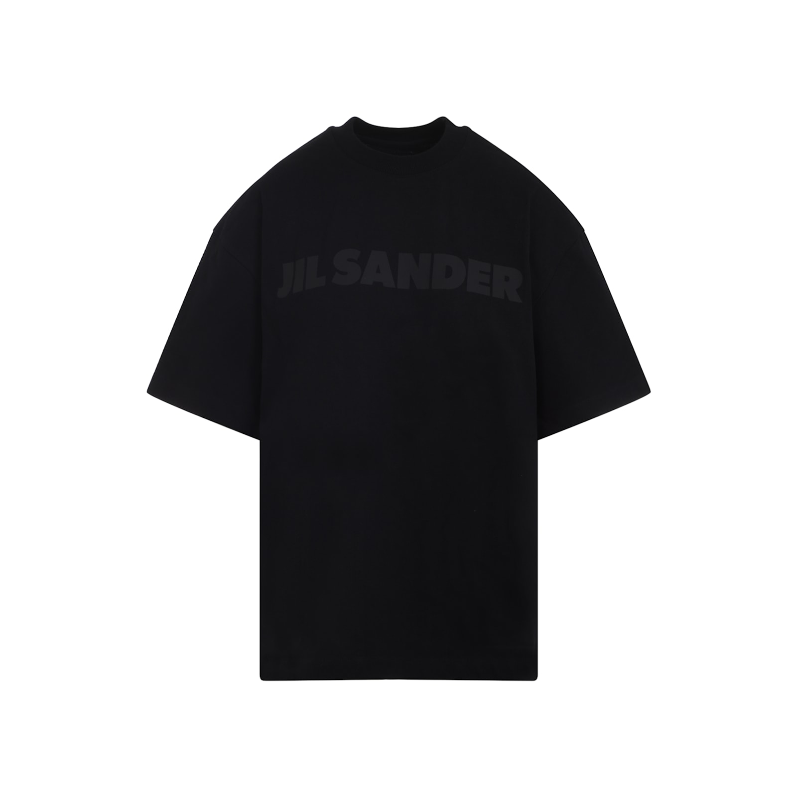 Jil Sander Round Neck Black Cotton T-shirt With Tonal Logo Print In Black