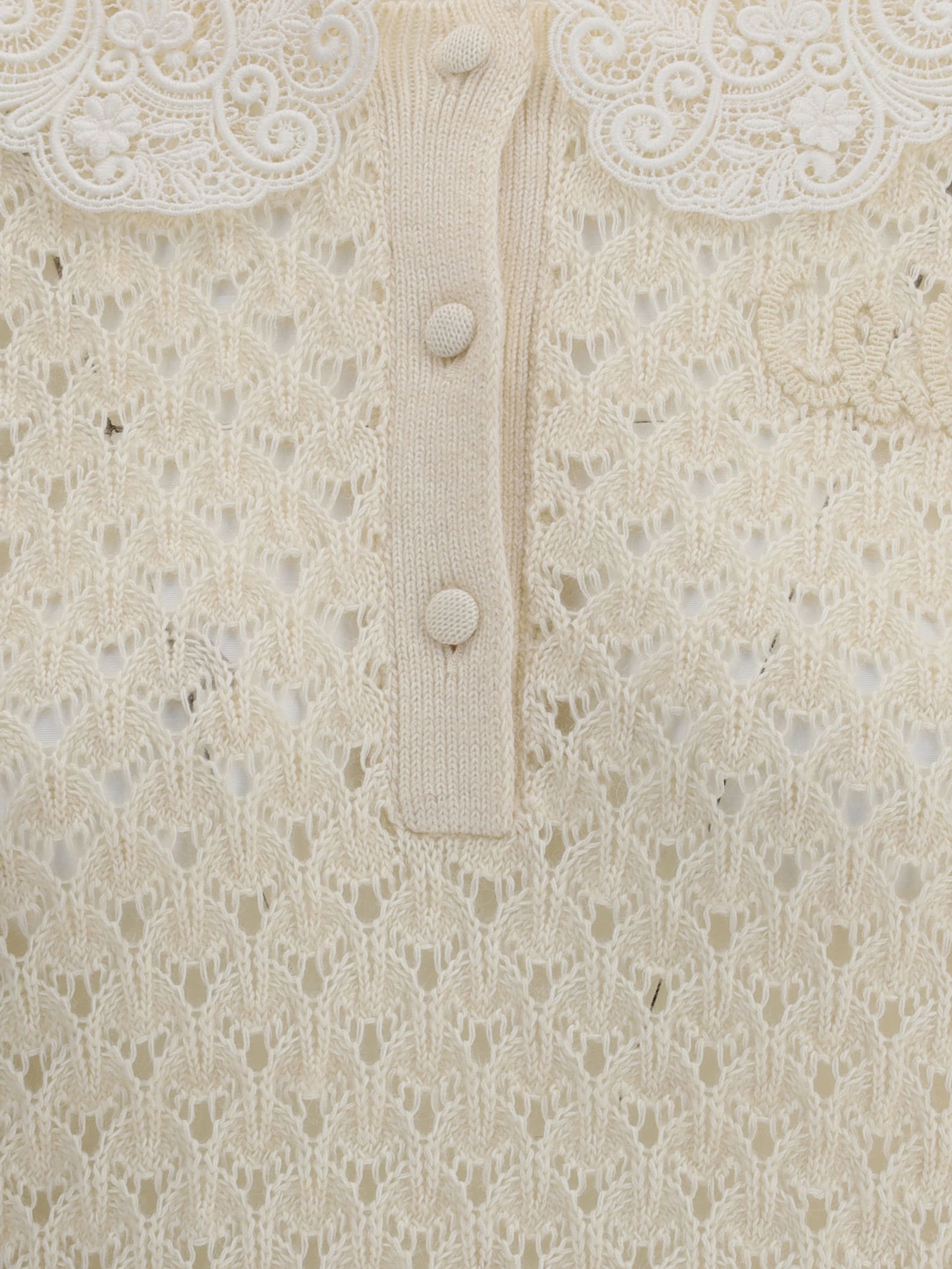 Chloé Polo Shirt With Lace Collar And Perforated Design In Neutral