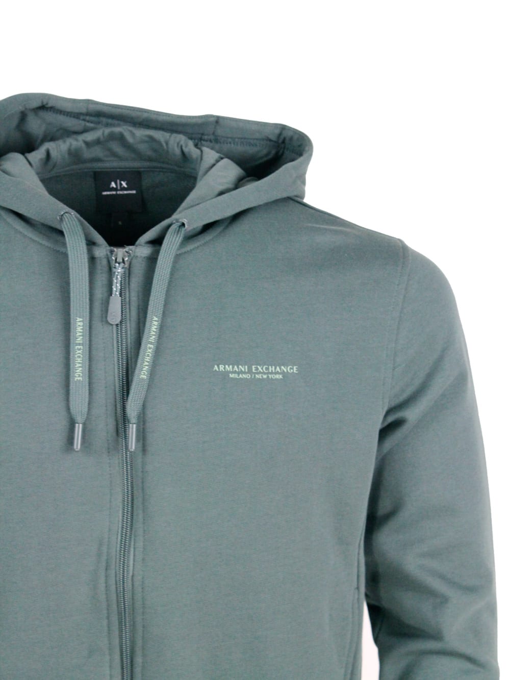 Shop Armani Collezioni Long-sleeved Full Zip Drawstring Hoodie With Small Logo On The Chest In Green