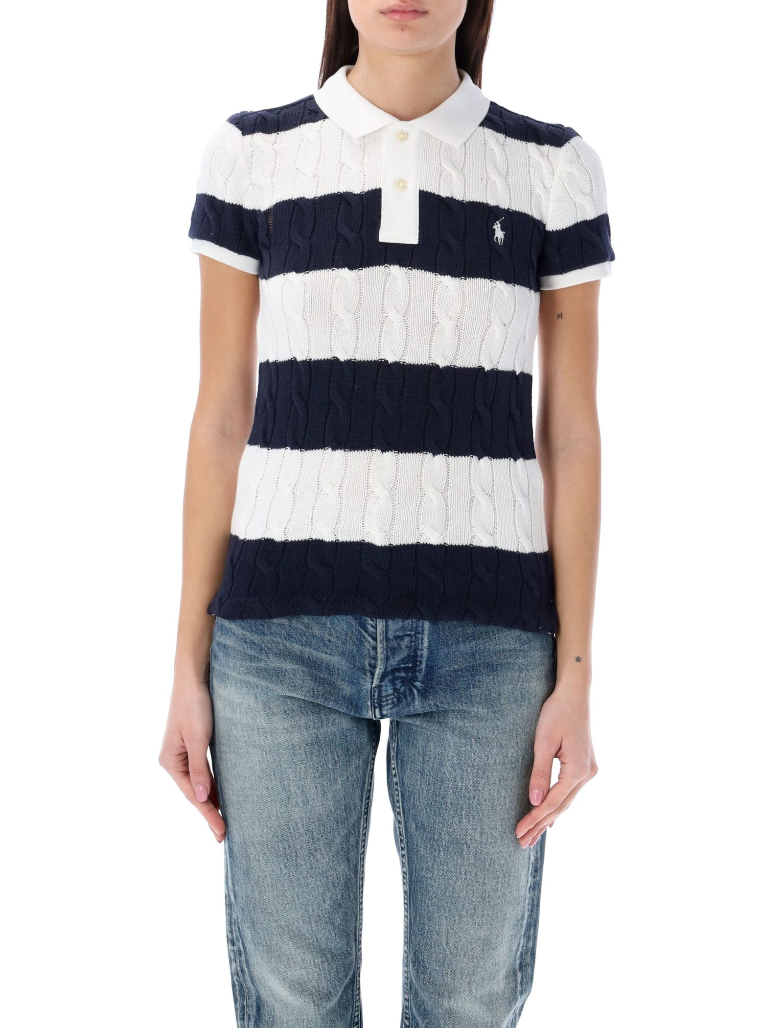 Shop Polo Ralph Lauren Cotton Cable Knit Striped Polo Shirt In Blue White